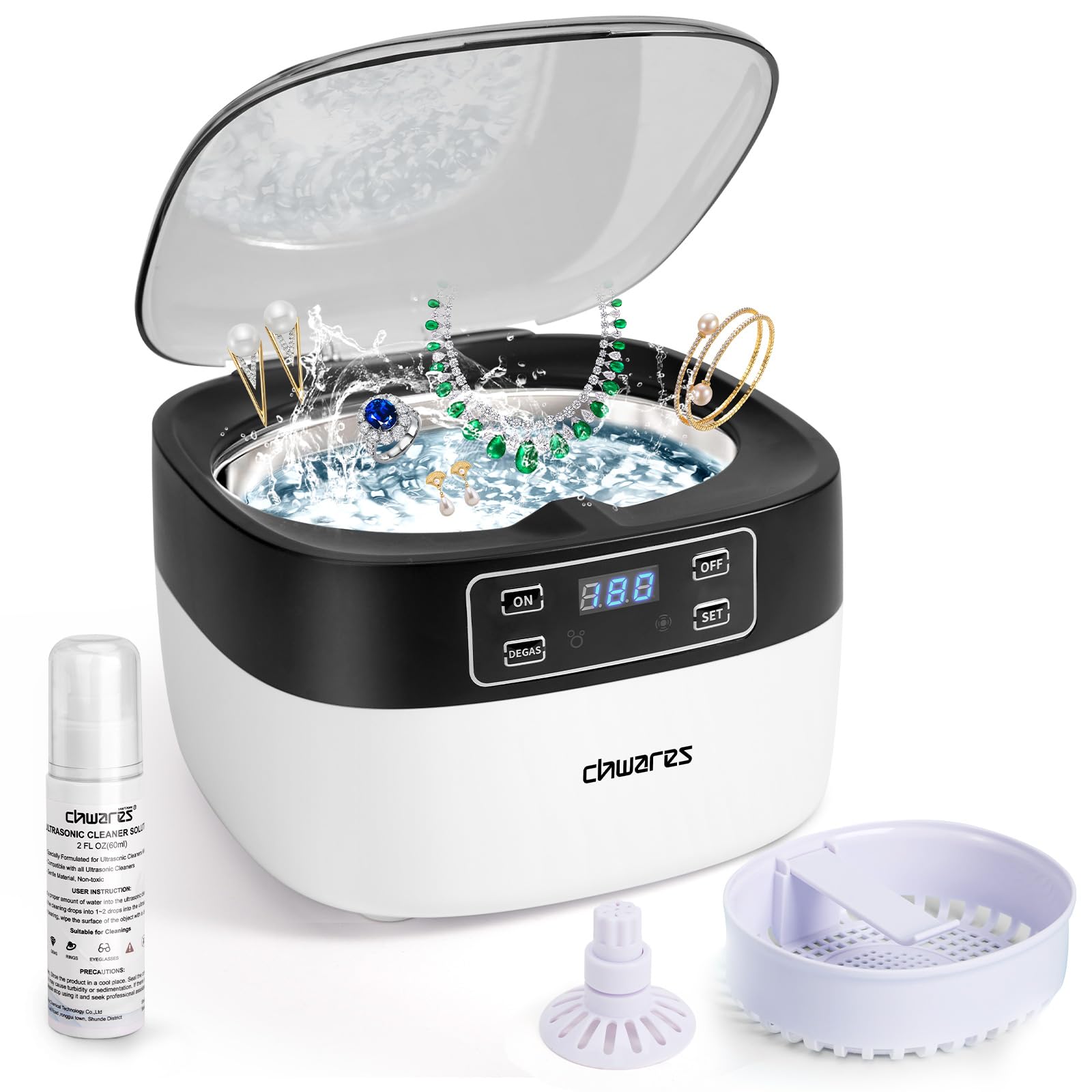 CHWARESCHWARES Limpiador Ultrasónico de Joyas 75ML, Limpiador Ultrasónico de 40 kHz con Solución de Limpieza para Oro, Gafas, Dentaduras Postizas, Monedas, 5 Ajustes de Tiempo, Pantalla Táctil LED