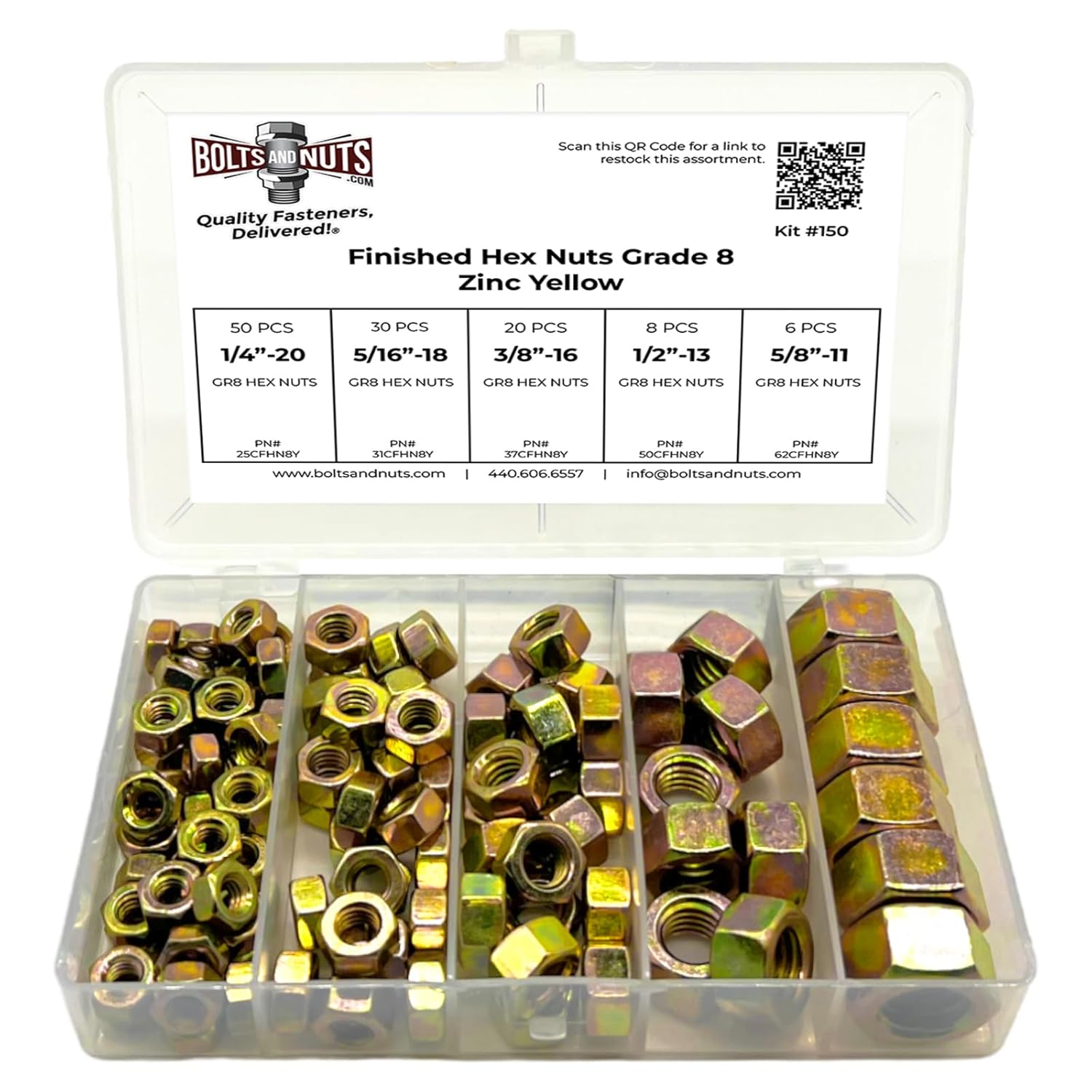1/4" 5/16" 3/8" 1/2" 5/8" Grade 8 Finished Hex Nuts Coarse Thread Zinc Yellow Assortment - 115PCS!