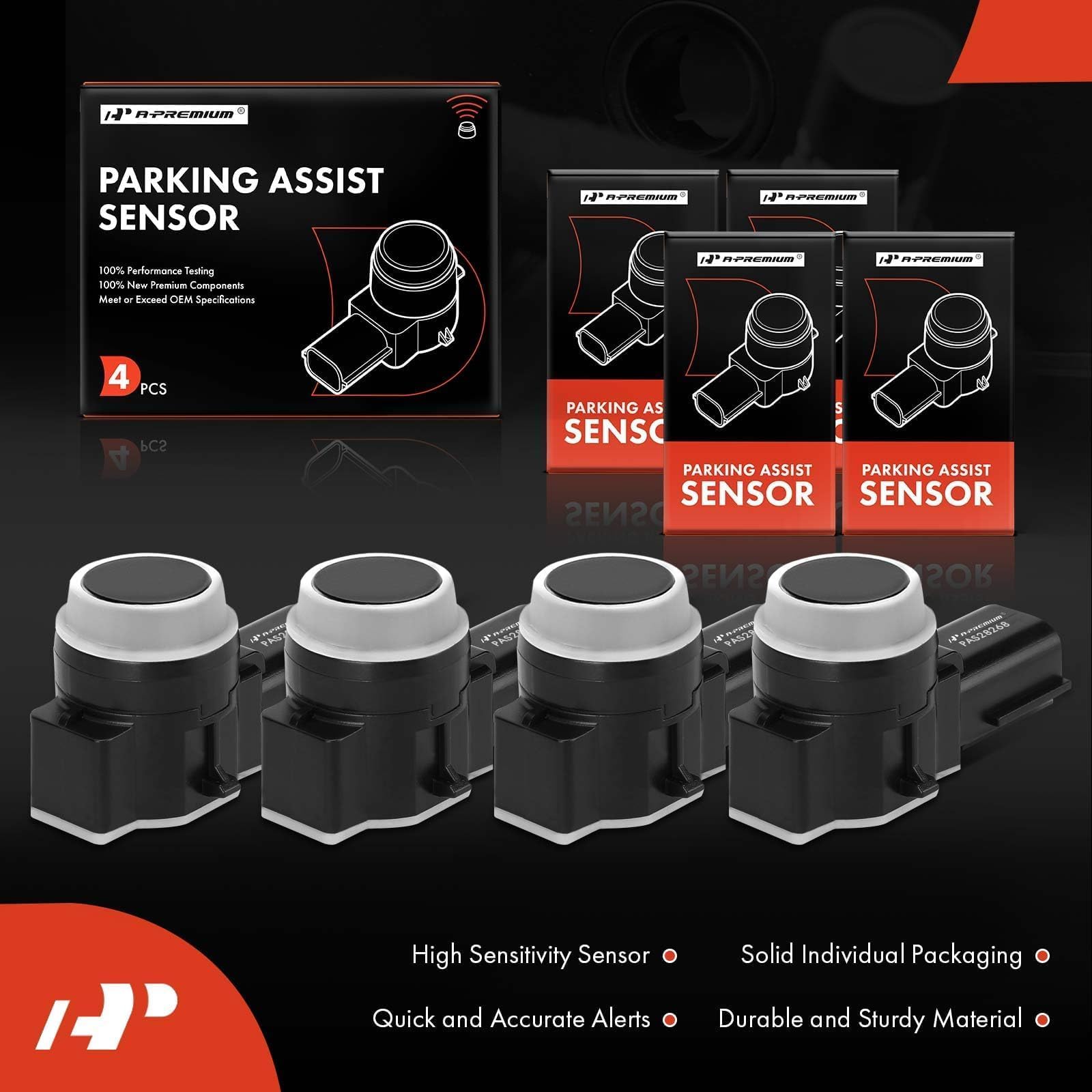 A-Premium (4-PC) Rear Reverse Backup Parking Assist Sensor For Select Chevy, Cadillac, Buick and GMC Models - Silverado 1500, Sierra, Suburban, Tahoe, Escalade, Encore, Malibu, Impala - OE#52050134