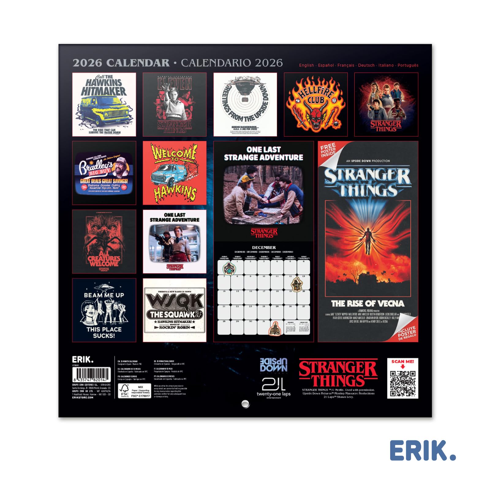 Grupo Erik Calendario Stranger Things 2026 pared - Almanaque pared 2026 : Planificador mensual Con espacio para Anotar, Ilustraciones y Fácil de colgar (30x30cm) - Stranger Things Merchandising