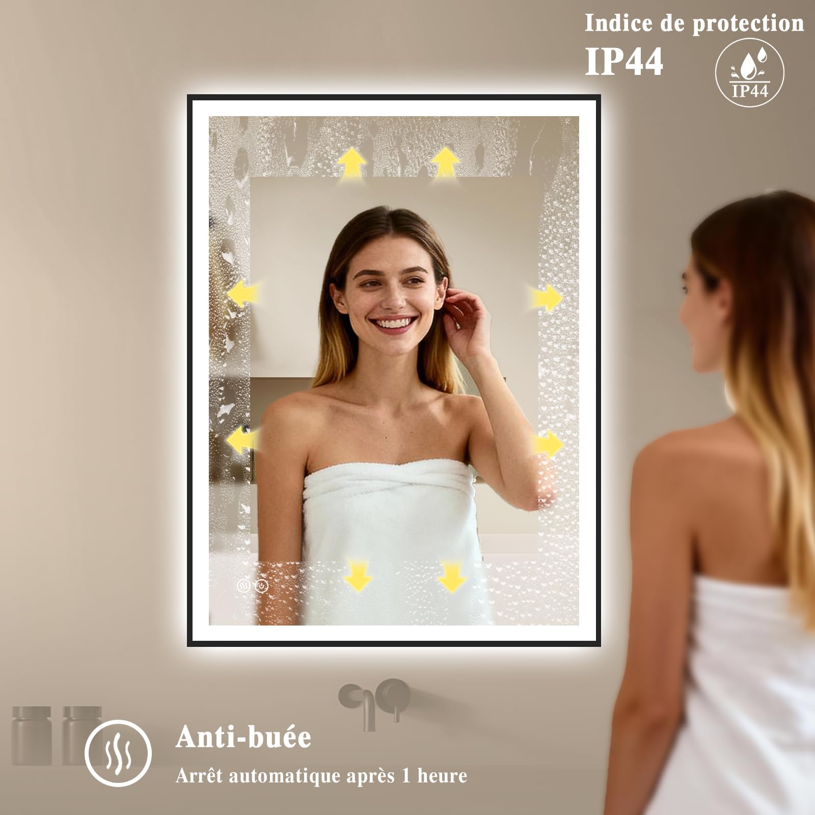 Specchio bagno 40x60 cm, specchio bagno con luce, anti-appannamento, dimmerabile, 3 Colori Di Luce Regolabili LED, specchio da bagno grande con touch,cornice in metallo nero