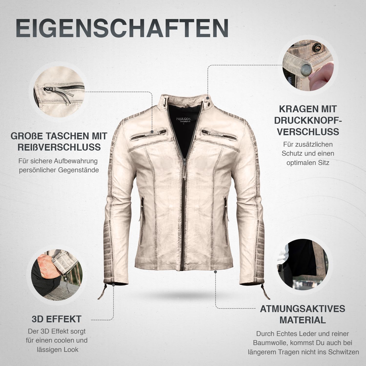 PAULGOS Herren Lederjacke Echtes Leder Jacke Echtleder Übergangsjacke Fashion in 5 Farben Gr. S-7XL Design 1