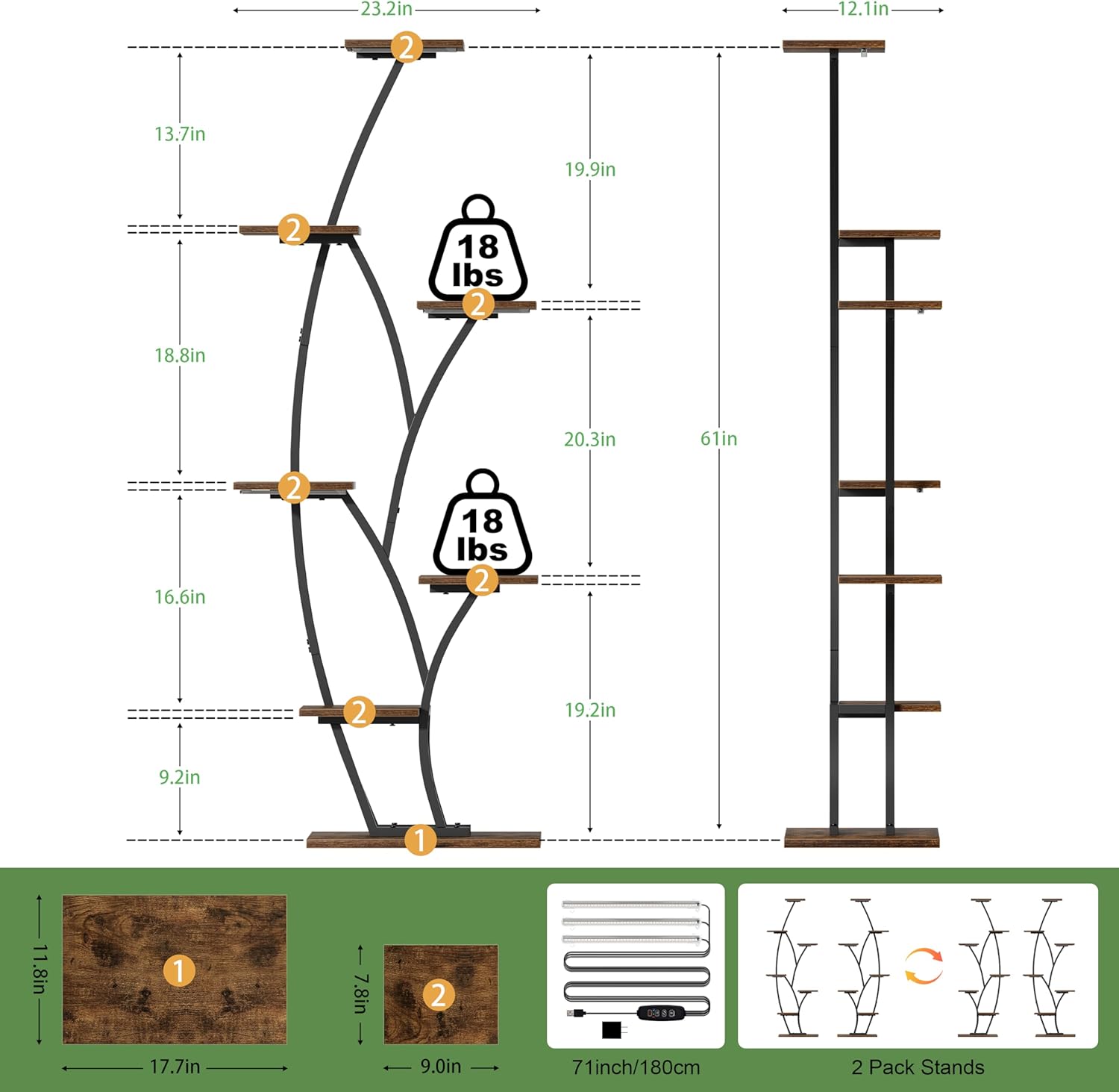 Plant Stand Indoor with Grow Lights - Lighted Indoor Plant Shelf Tall, 61" 7 Tier Large Plant Stands for Indoor Growing, 2 Pack Corner Flower Shelves, Half-Moon Metal Holder for Home Living Room Black