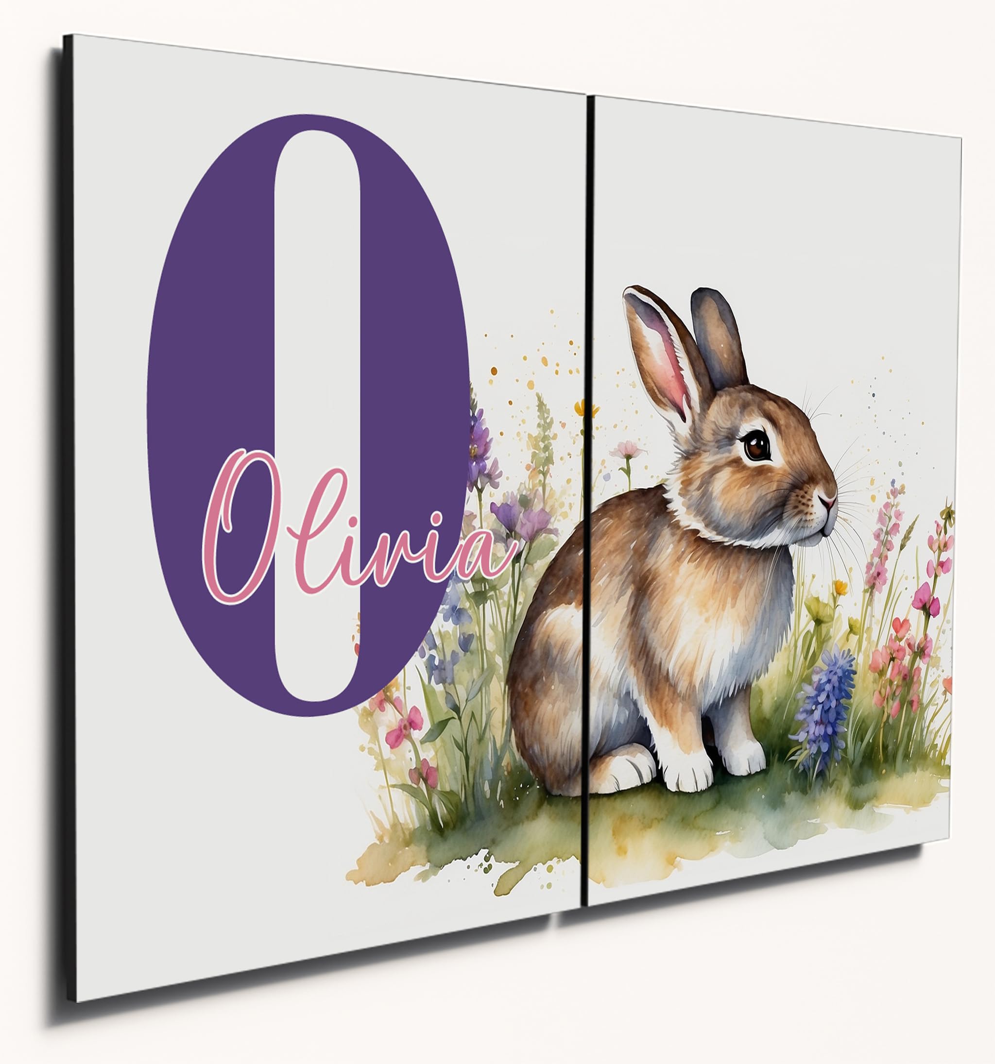 The Plum Penguin Bunny Personalised Pastel Watercolour Wooden Wall Art, 2-Piece A4 Mdf For Children's Bedroom Canvas Alternative 40 X 30Cm