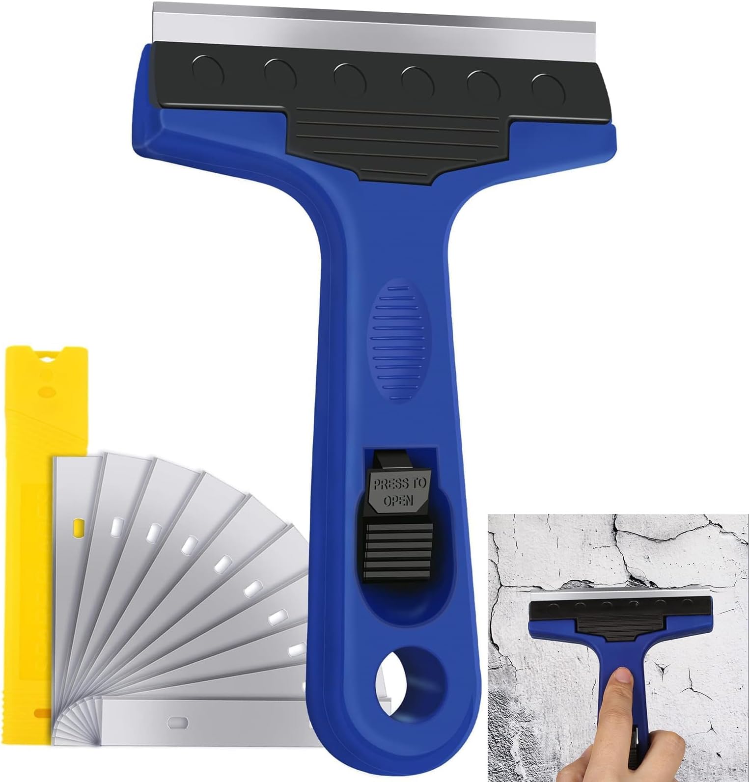 Bukela Razor Blade Scraper 10 Cm Tool With 10 Extra Replacement Metal Blades for Adhesive Paint Caulk Sticker Removal From Window Decal Glass Tile Floor