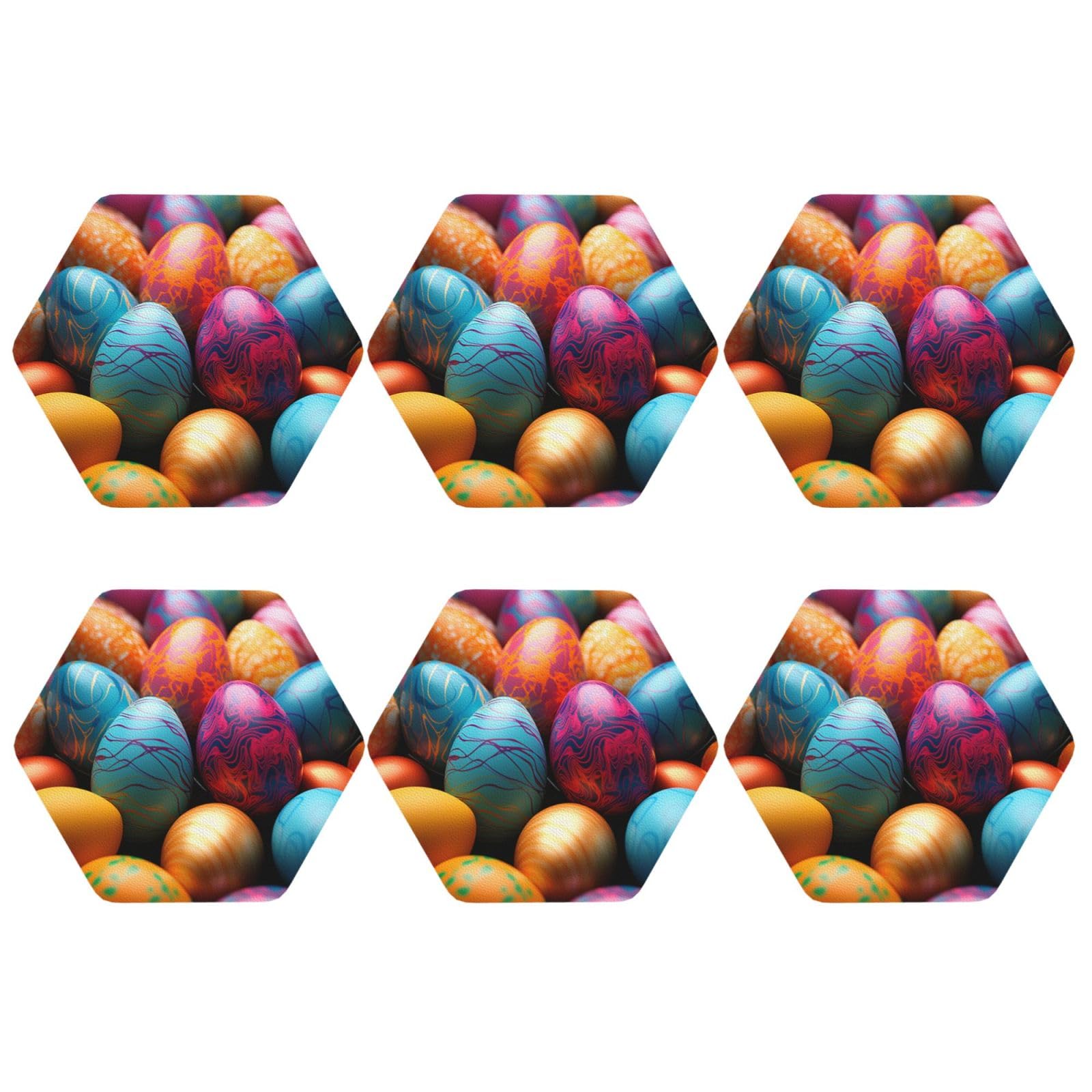 6Pcs PU Leather Coaster for Drinks, Easter Day Colorful Eggs Cup Coastersr 4" Cup Mat Pad, Aesthetic Drink Coasters for Coffee Table, Hexagon Coaster for Tabletop Protection