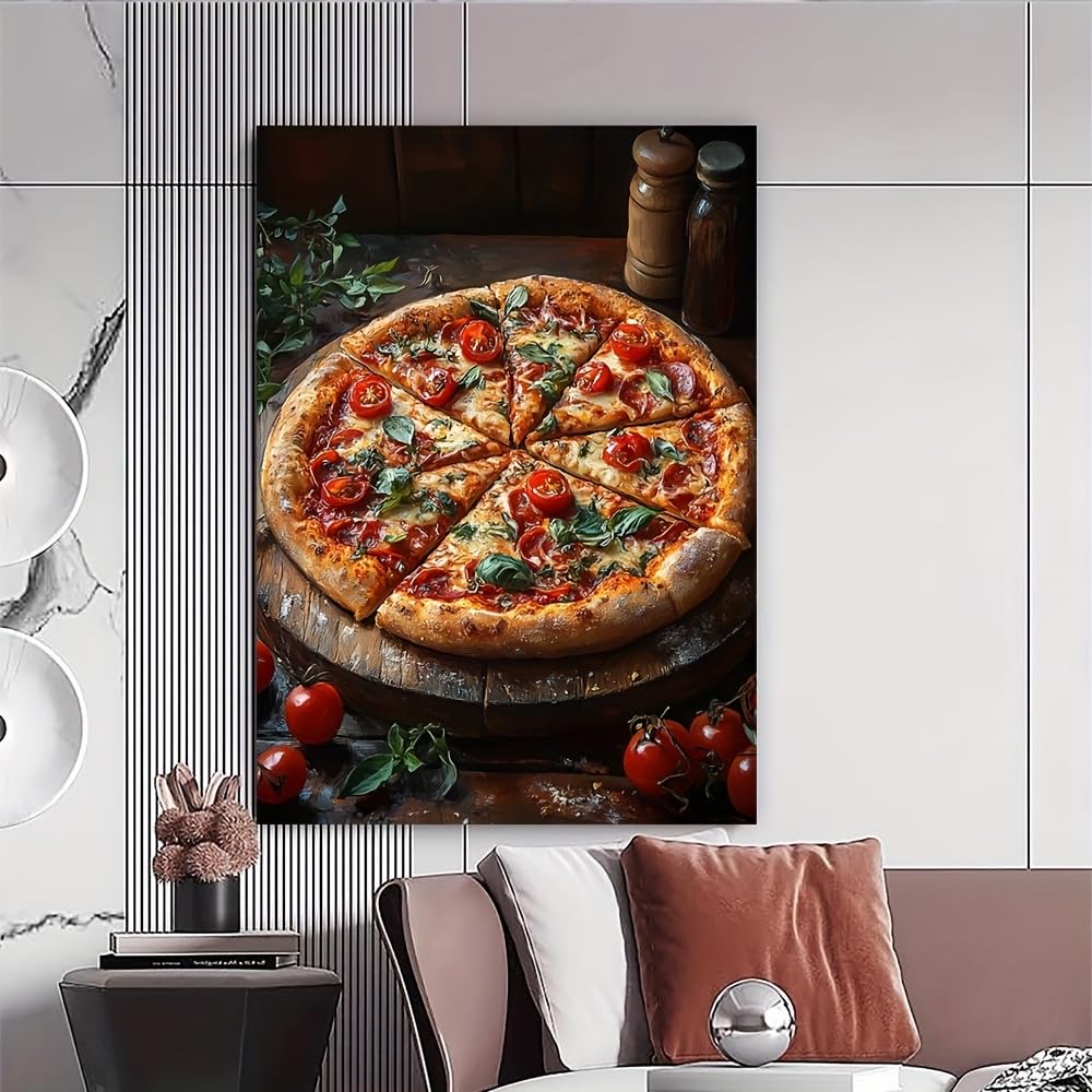 EGJEPWFH Pizza Wall Art Canvas Print - Realistic Pizza with Fresh Basil & Tomatoes, Modern Retro Whimsical Artwork(80x120cm/No frame)
