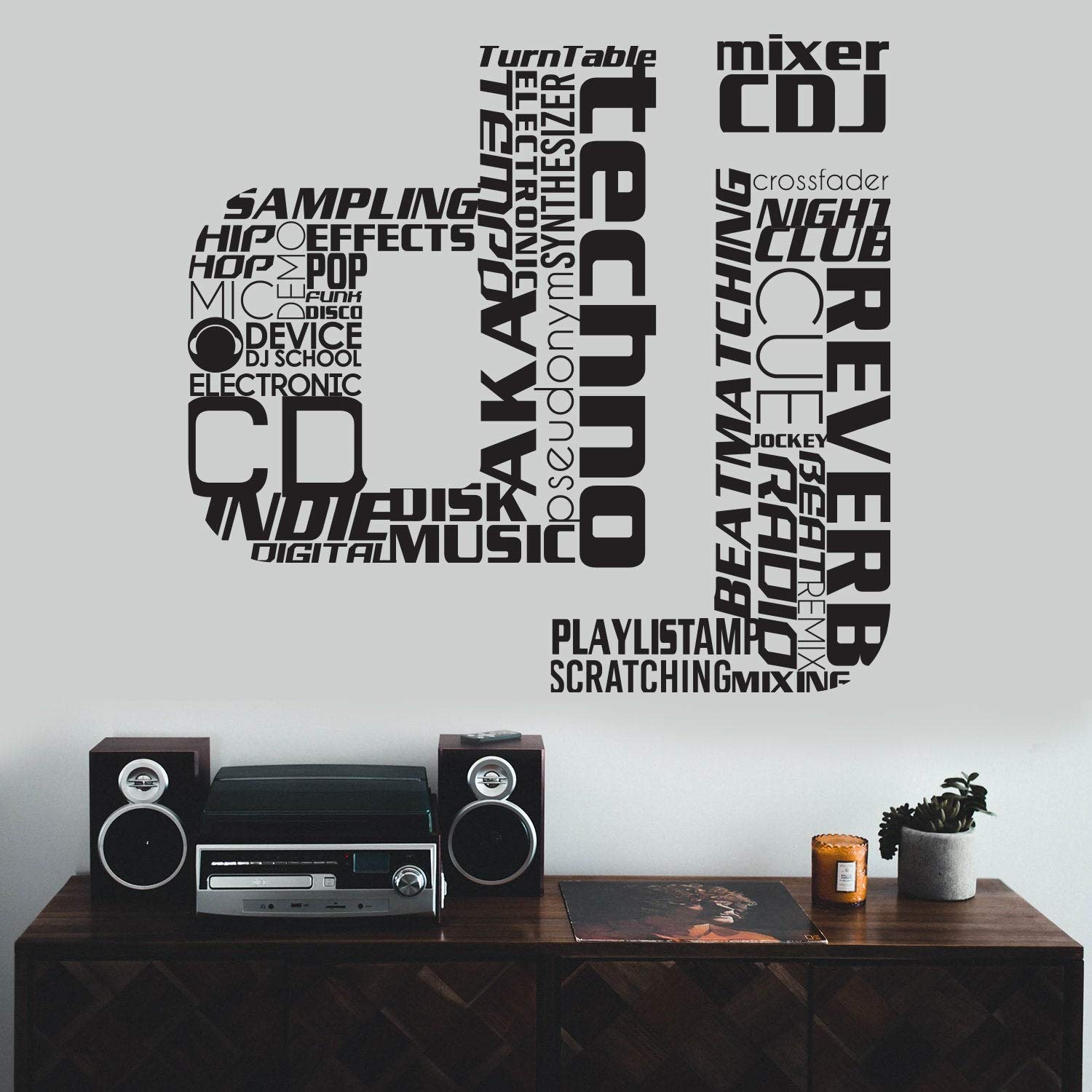 Dj Wall Art Music Sticker - USA Club Label Vinile Vinile Vinile Funky Party Decal Decorazione di Fase Decal - Onda Sonora Deejay Techno Parole Americane Segno Murale