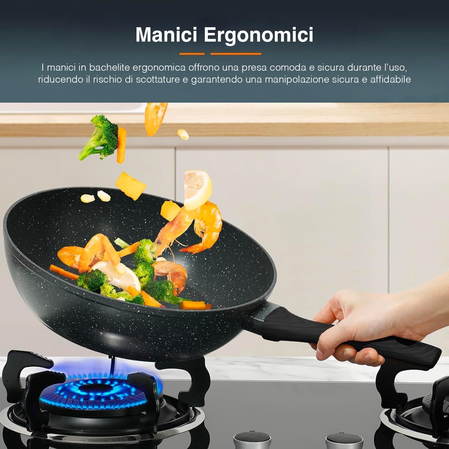Avilia Set 18 Pezzi di Pentole Antiaderenti in Alluminio Forgiato con Rivestimenti in Ruvido Marmo - Adatti ad Ogni Piano Cottura, incluso Induzione - Batteria di Pentole 18pz con Manici in Bachelite