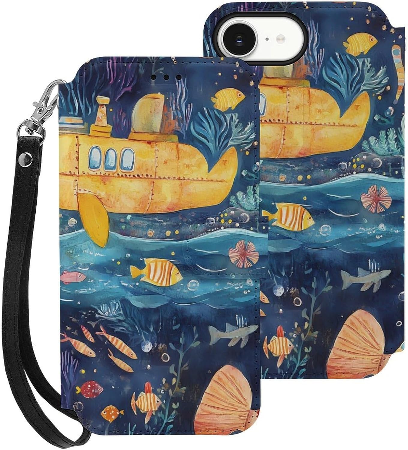Deep Sea Sub Compatible with iPhone 16/16 Plus/16 Pro/16 Pro Max/16 E Case Phone Wallet Card Holder Flip Cover with Wrist Strap