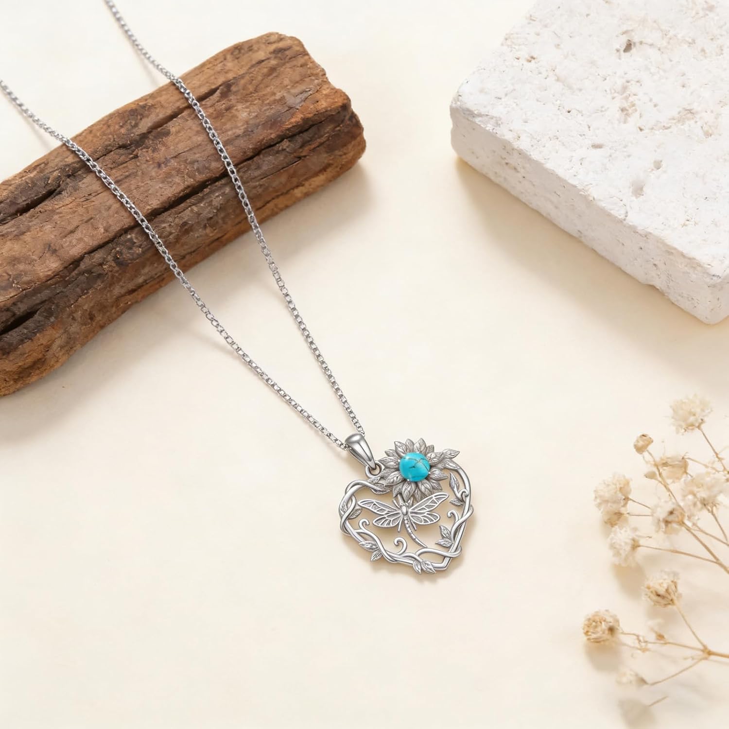 Turquoise Sunflower Dragonfly Heart Pendant Necklace, Boho Jewelry for Women Gift/Daily/Boho Outfits