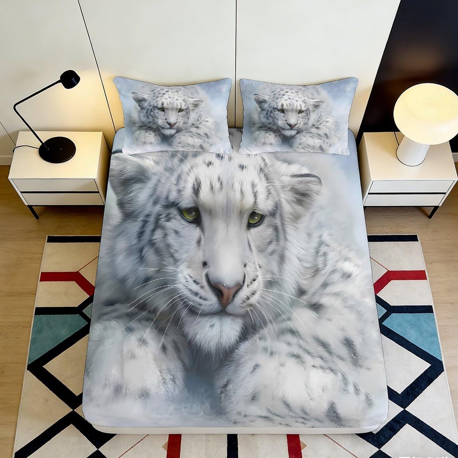 3D Printed Snow Leopard Fitted Sheet Microfiber Soft Decor Animal Art Mattress Cover for Bedroom Guest Room 90x200x25cm