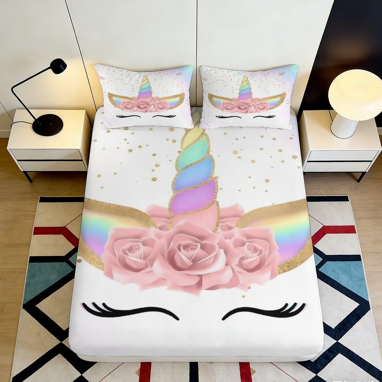 3D Printed Unicorn Floral Fitted Sheet Microfiber Soft Pastel Rainbow Mattress Cover Anti-Slip for Bedroom Guest Room Washable Decor 180x200x25cm