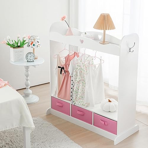 Miniatura 9 de RELIANCER Armario de disfraces para niños con espejo, armario colgante abierto con estante para ropa, vestidor de almacenamiento de disfraces para