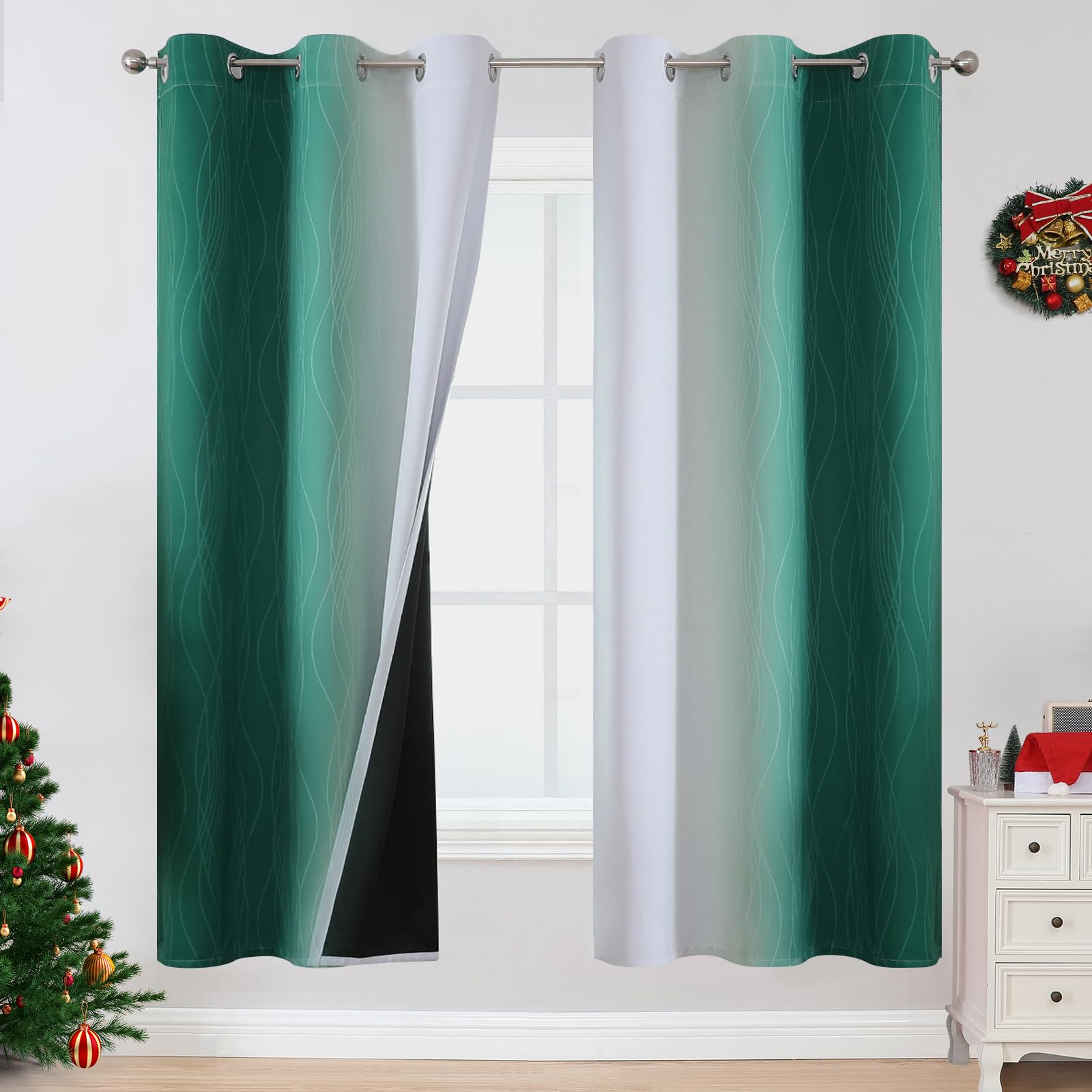 Estelar Textiler Full Room Darkening Blackout Curtains 72 Inch Length 2 Panels Set, Ombre Greyish White and Green Thermal Insulated Full Light