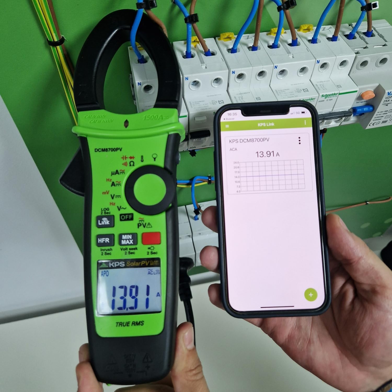 KPS-DCM8700PV Pinza Amperimétrica TRMS para Aplicaciones Solares Tensión hasta 1500VAC/2000VDC Corriente AC/DC 1500A y 4000µA DC con Bluetooth