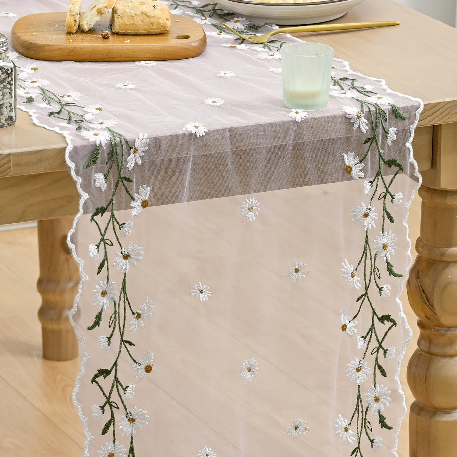 Artoid Mode Pink Embroidery Daisy Leaves Spring Gauze Table Runner 40x300 cm, Summmer Tulle Sheer Dining Holiday Birthday Table Decor for Home Party