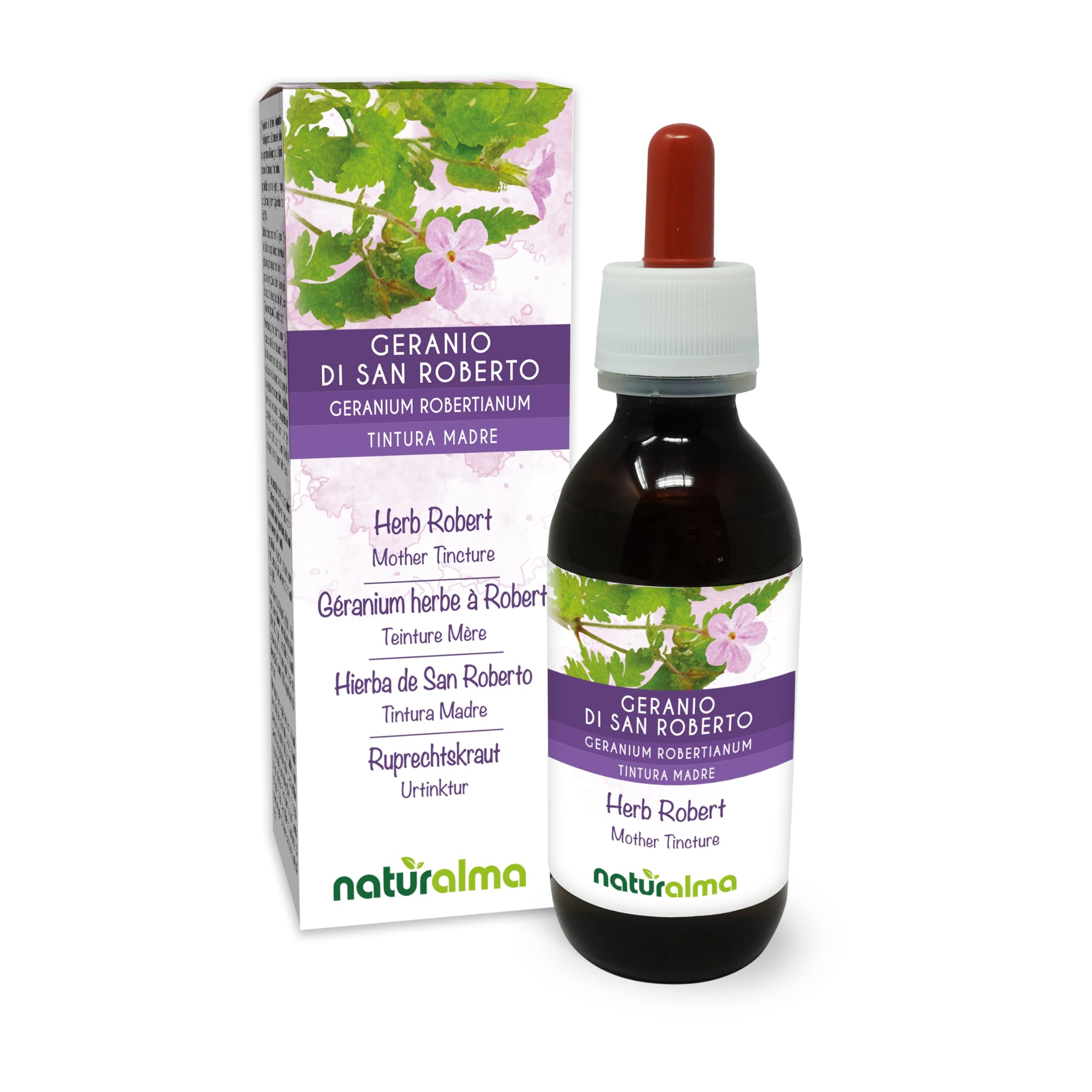 Geranio di San Roberto o Erba Roberta (Geranium robertianum) erba con fiori Tintura Madre analcoolica Naturalma - Estratto liquido gocce 120 ml - Integratore alimentare - Vegano
