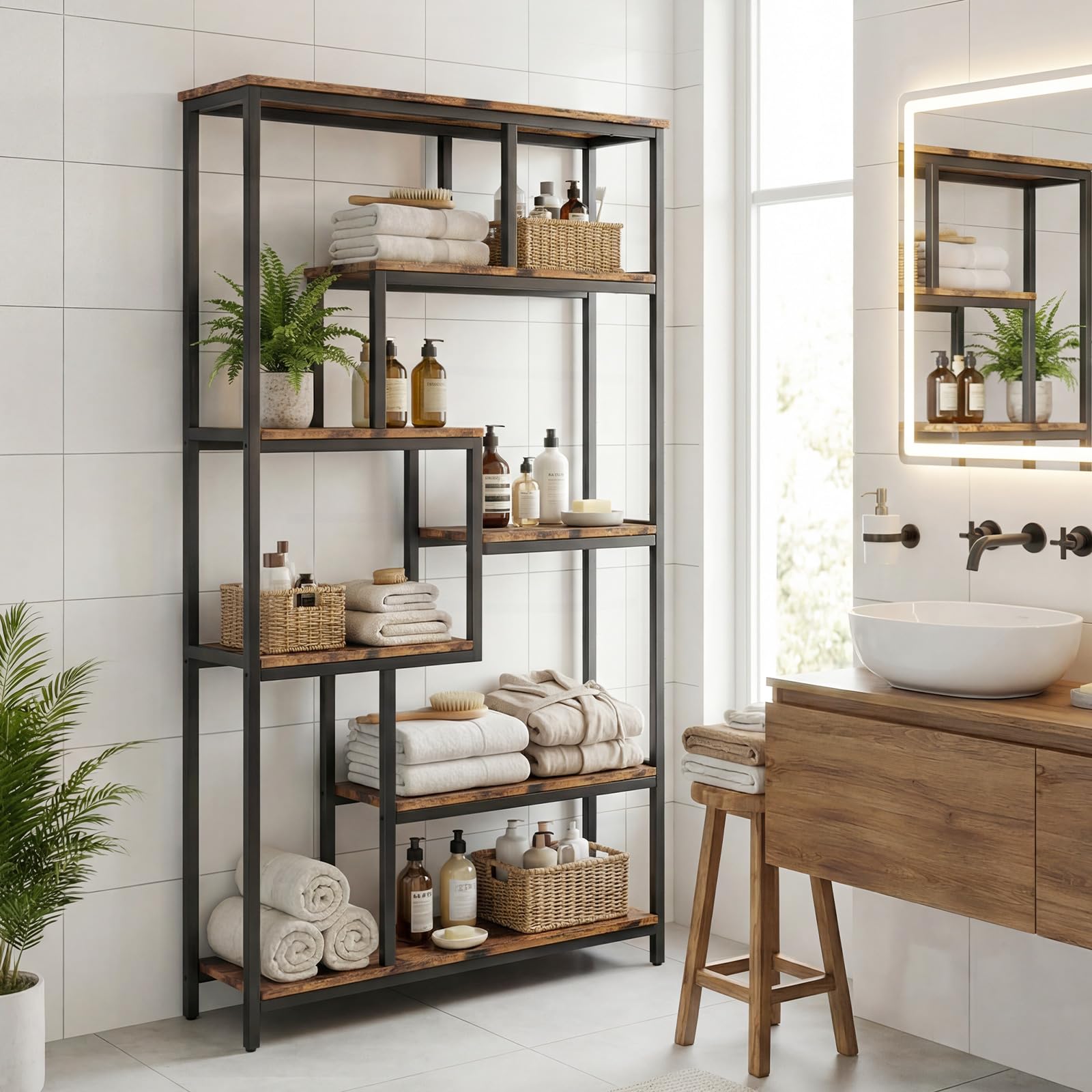 HOKEEPER Estantería Abierta Industrial de 7 Niveles, Librero Rústico Resistente a Cargas Pesadas, Soporte de Almacenamiento para Sala de Estar, Dormitorio, Oficina, Pasillo
