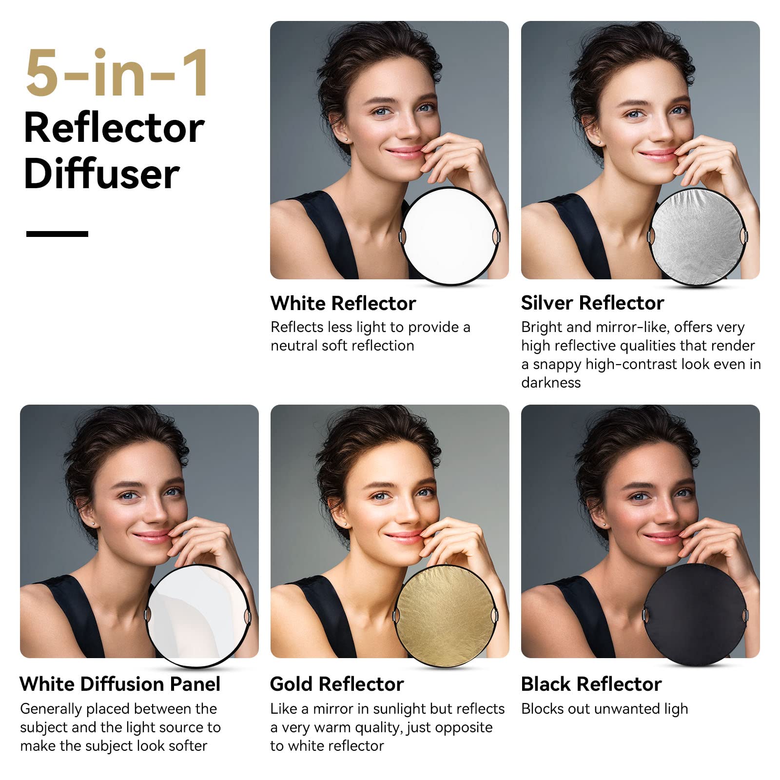 SMALLRIG 5 in 1 Reflektor 110cm 42-Zoll Lichtreflektor, mit Griff, Zusammenklappbarer Fotografie Reflektor, mit Tragetasche, durchscheinend Silber Gold Weiß und Schwarz – 4131