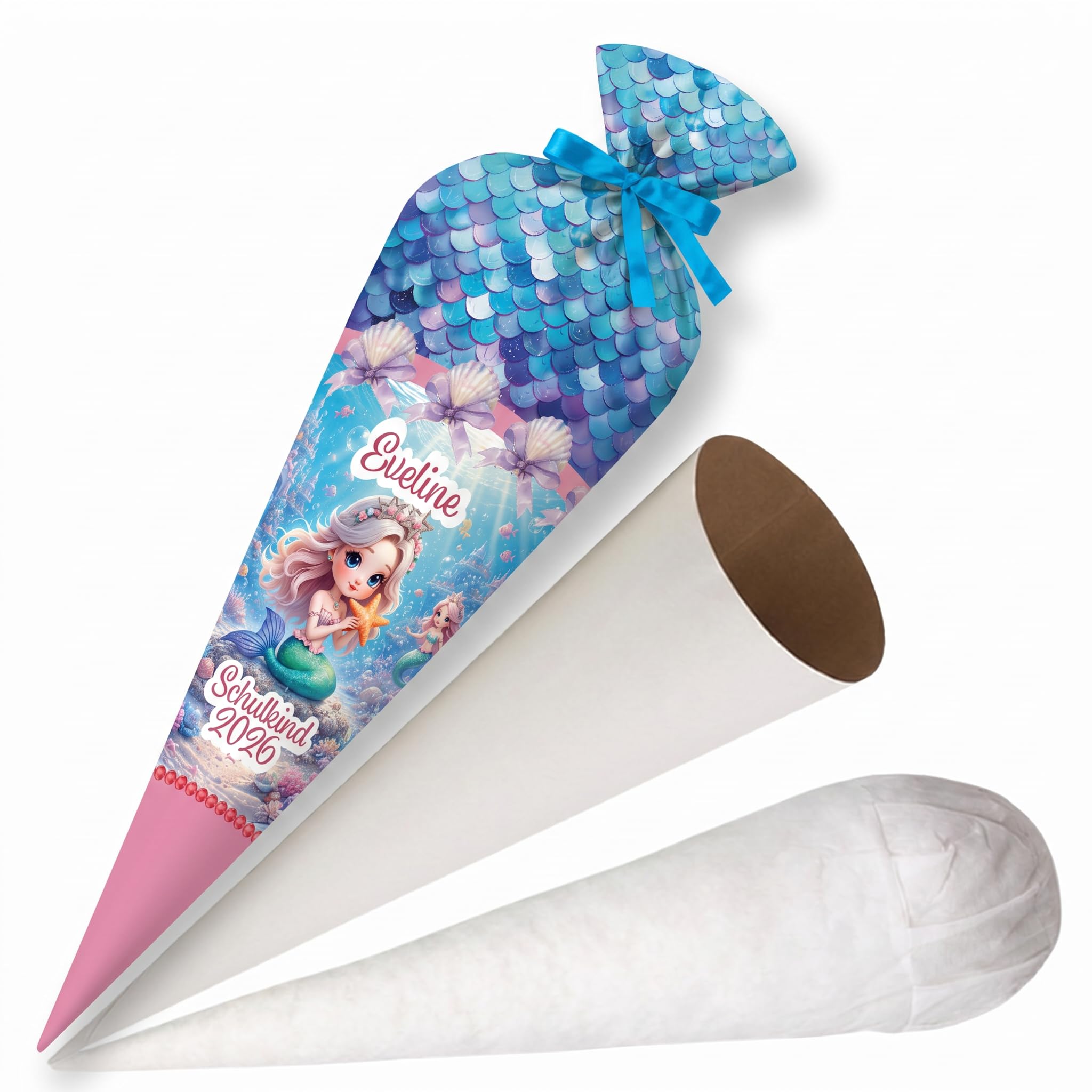 Schultüte Meerjungfrau personalisiert 70 cm Stoff Zuckertüte mit Namen für Mädchen runde Papprohling Silikonkügelchen Kissen