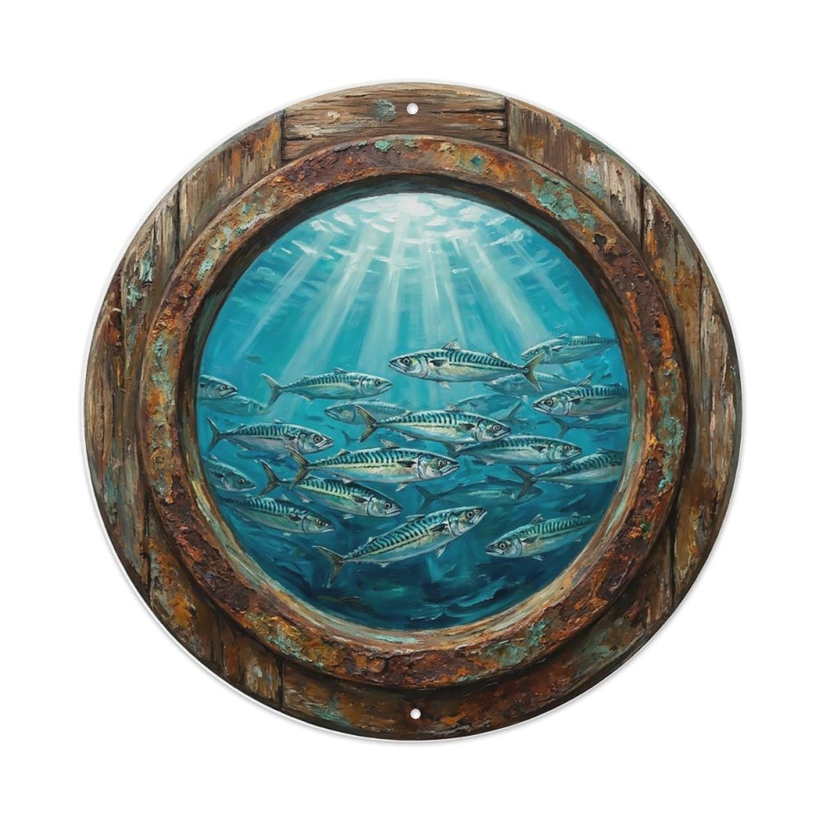 Vintage Porthole Mackerel Schooling Ship Window Undersea Deep Sea Metal Tin Sign