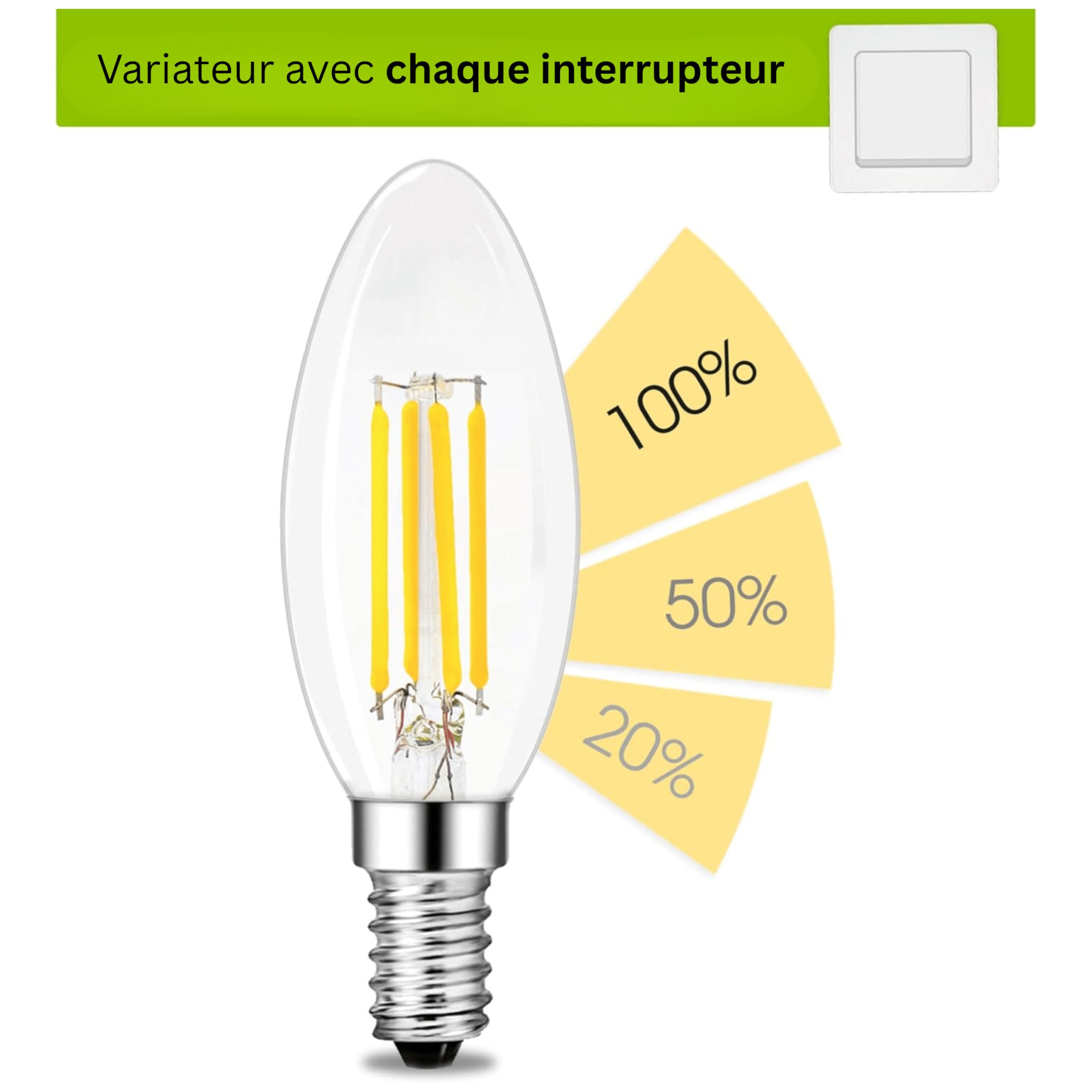 SSC-LUXon fourSTEP ampoule flamme E14 1 piece dimmable sans variateur | Se remplace en un geste, sans outil ni application, pour un confort lumineux immédiat et des économies d'énergie durables.