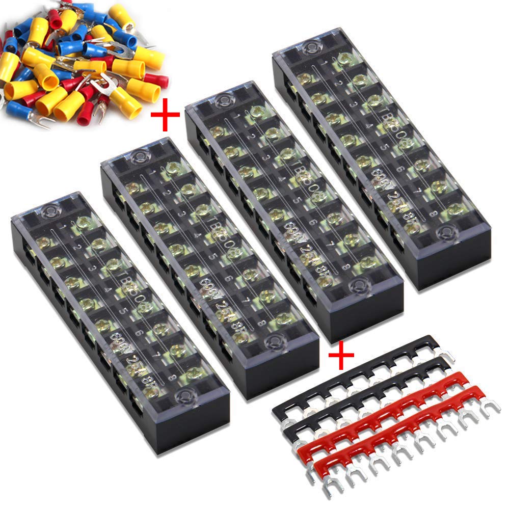 (56pcs) 4 Sets Terminal Block - 4pcs 8 Positions 600V 25A Dual Row Screw Terminals Strip with Cover+4pcs Pre-Insulated Barrier Jumper Strips Black & Red+48pcs Insulated Fork Wire Connector by MILAPEAK