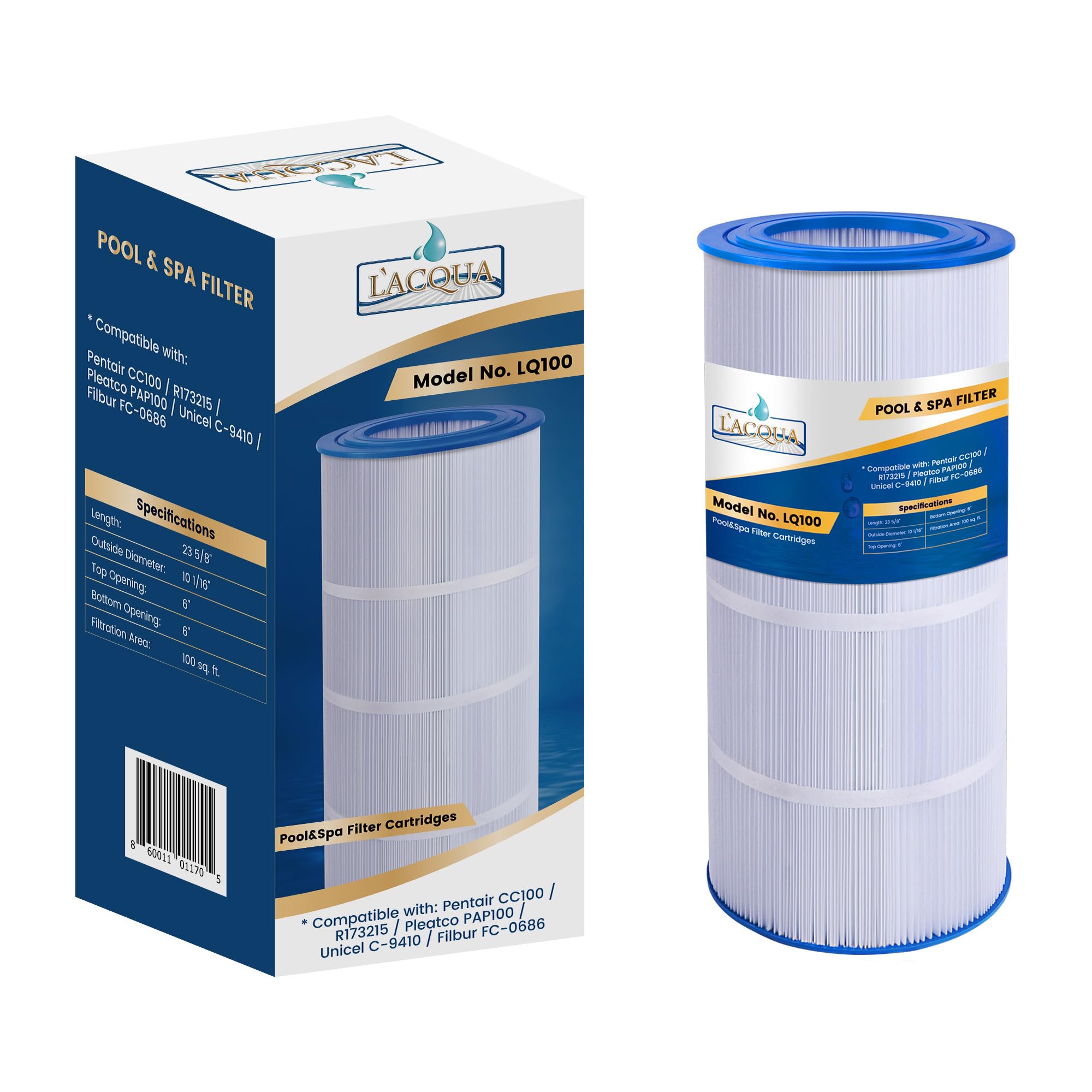 LACQUA FILTER REPLACEMENT LQ100 100 SqF for Pentair CC100/CCRP100 Posi Clear PXCRP100, R173215, Pleatco PAP100, Unicel C-9410, Filbur FC-0686