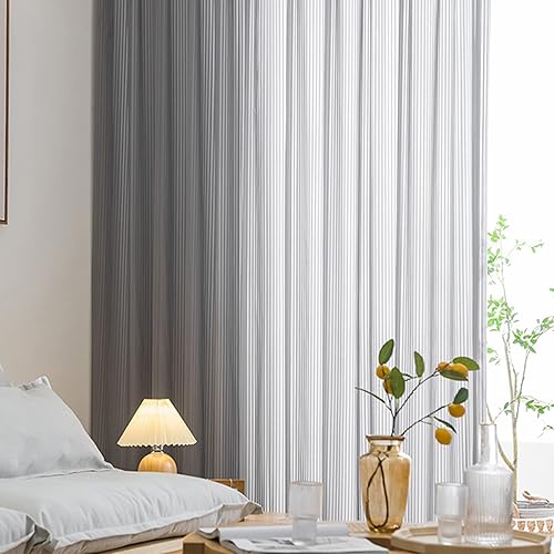 Miniatura 5 de Grey Chiffon Striped Semi Sheer Curtains for Living Room Light Filtering Solid Voile Window Drapes for Bedroom 2 Panels 84 inches Long Rod Pocket