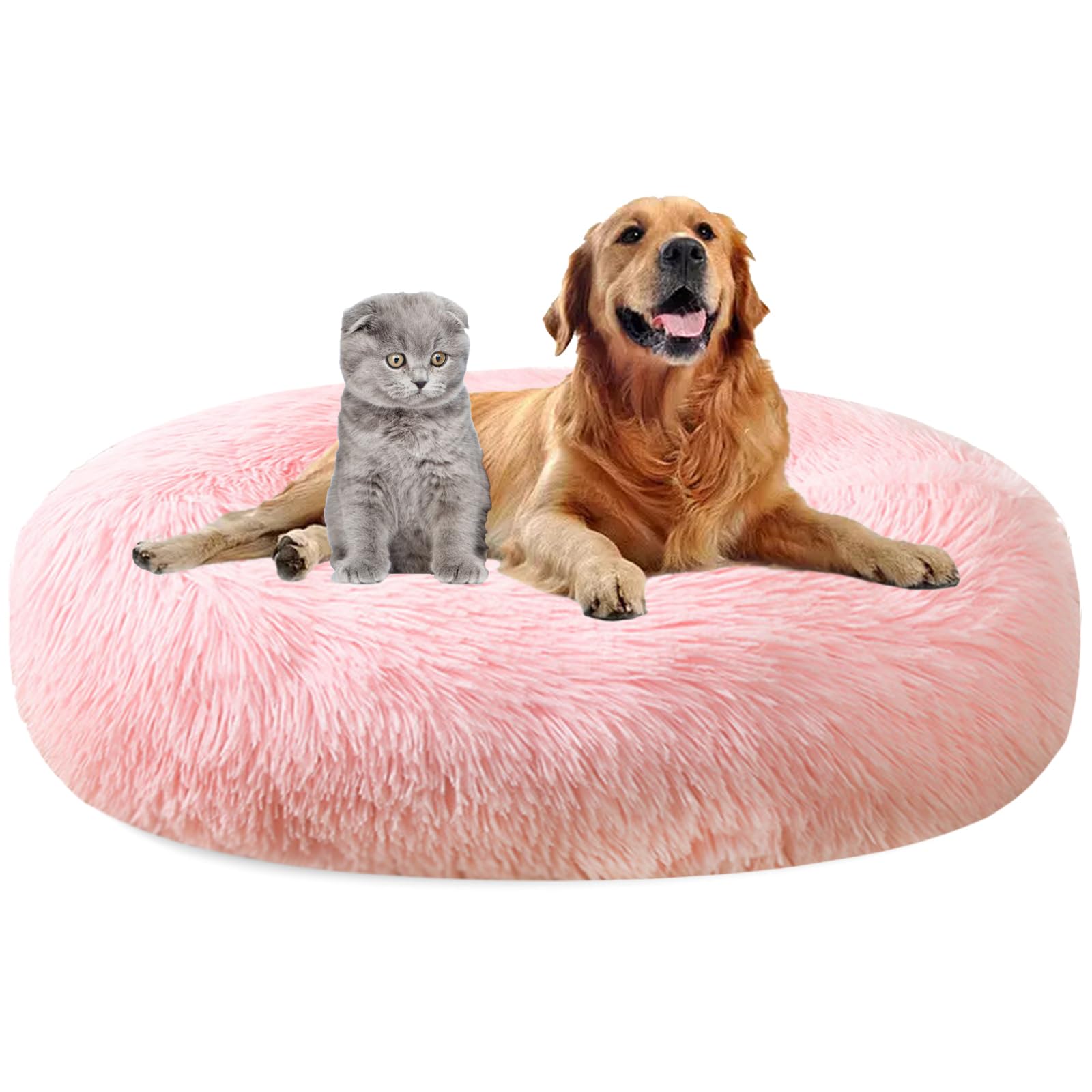 MAIFENGL Calming Dog Bed Plush Donut Pet Bed, Fluffy Washable Non-Slip Plush Cuddler Warming Round Dog Cat Bed- Light Pink|| Ø120cm/47in
