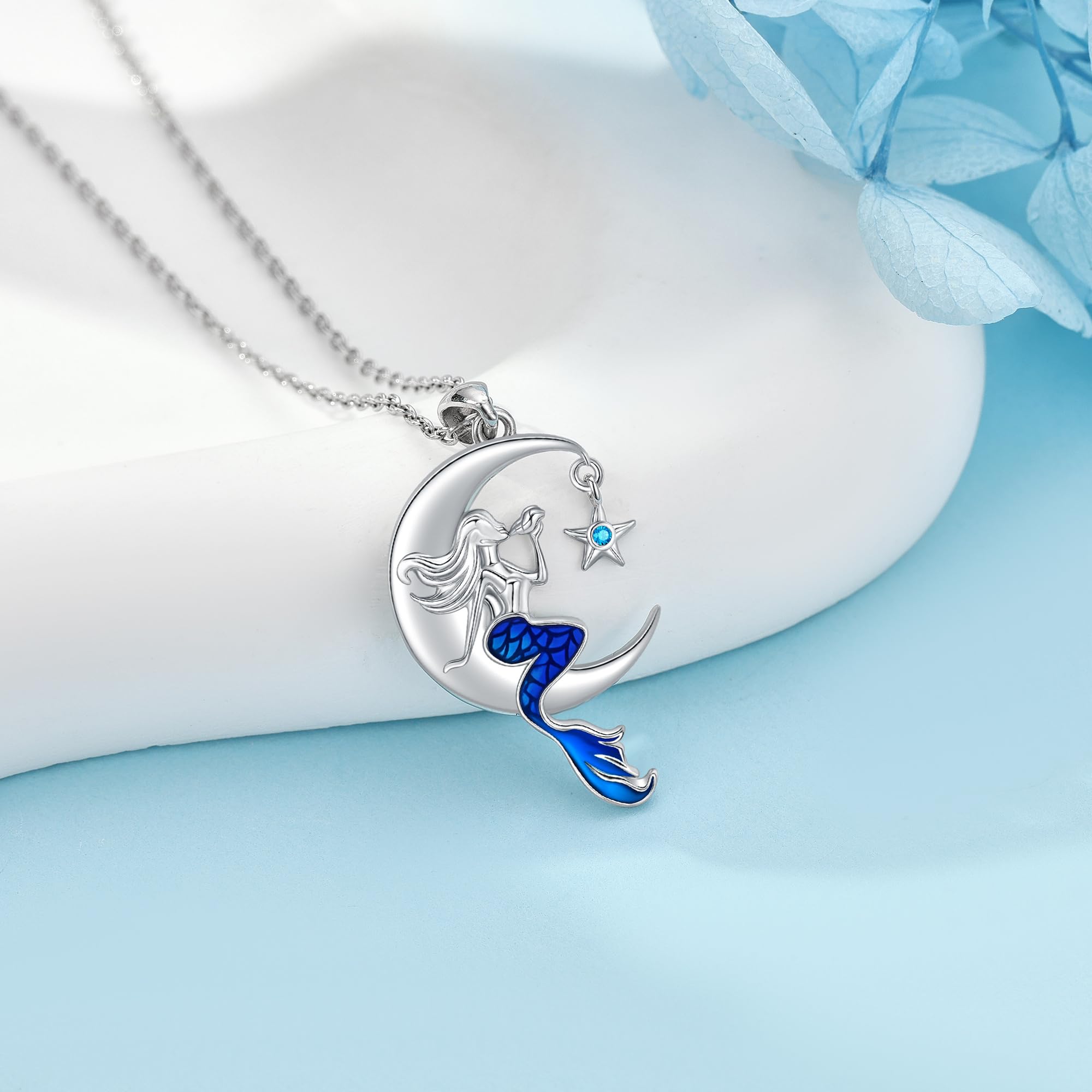 JERWLI Meerjungfrau-Halskette 925er Sterlingsilber kleine Meerjungfrau Schmuck für Mädchen Mondschmuck Geschenke für Frauen