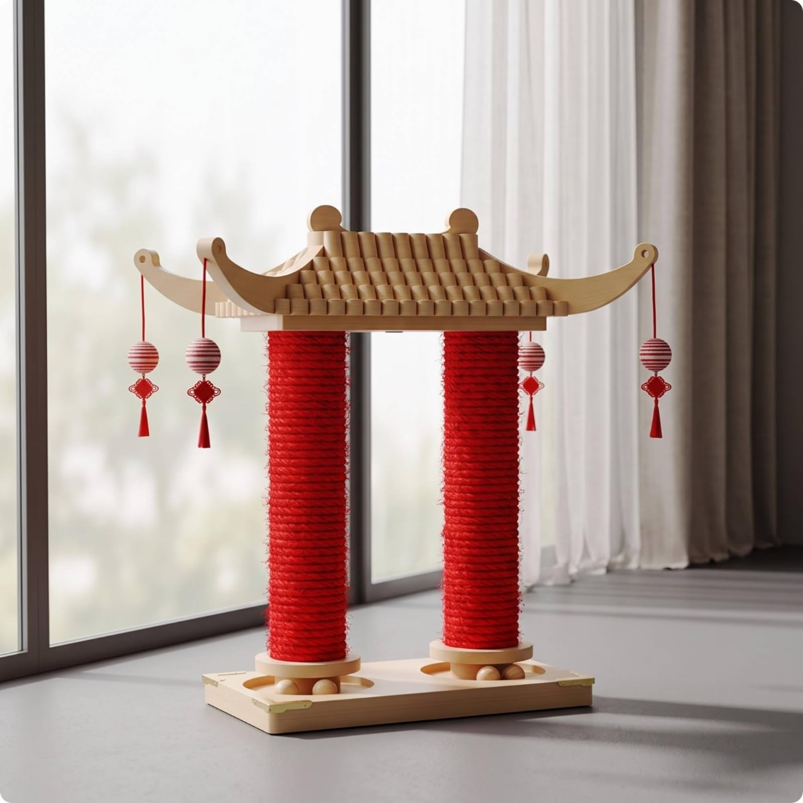 Poste Rascador con Juguetes Colgantes Compacto Torre Rascadora con Base Completo para Gatitos, Palacio De Doble Columna, Estilo Nacional De Moda