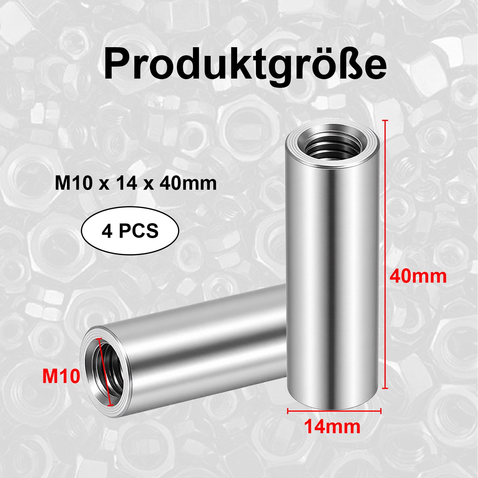 4 manicotti filettati M10 x 40 mm, rotondi, in acciaio inox 304, manicotto filettato V2A M10, filettatura interna, dado di collegamento, dado distanziatore, dado di prolunga