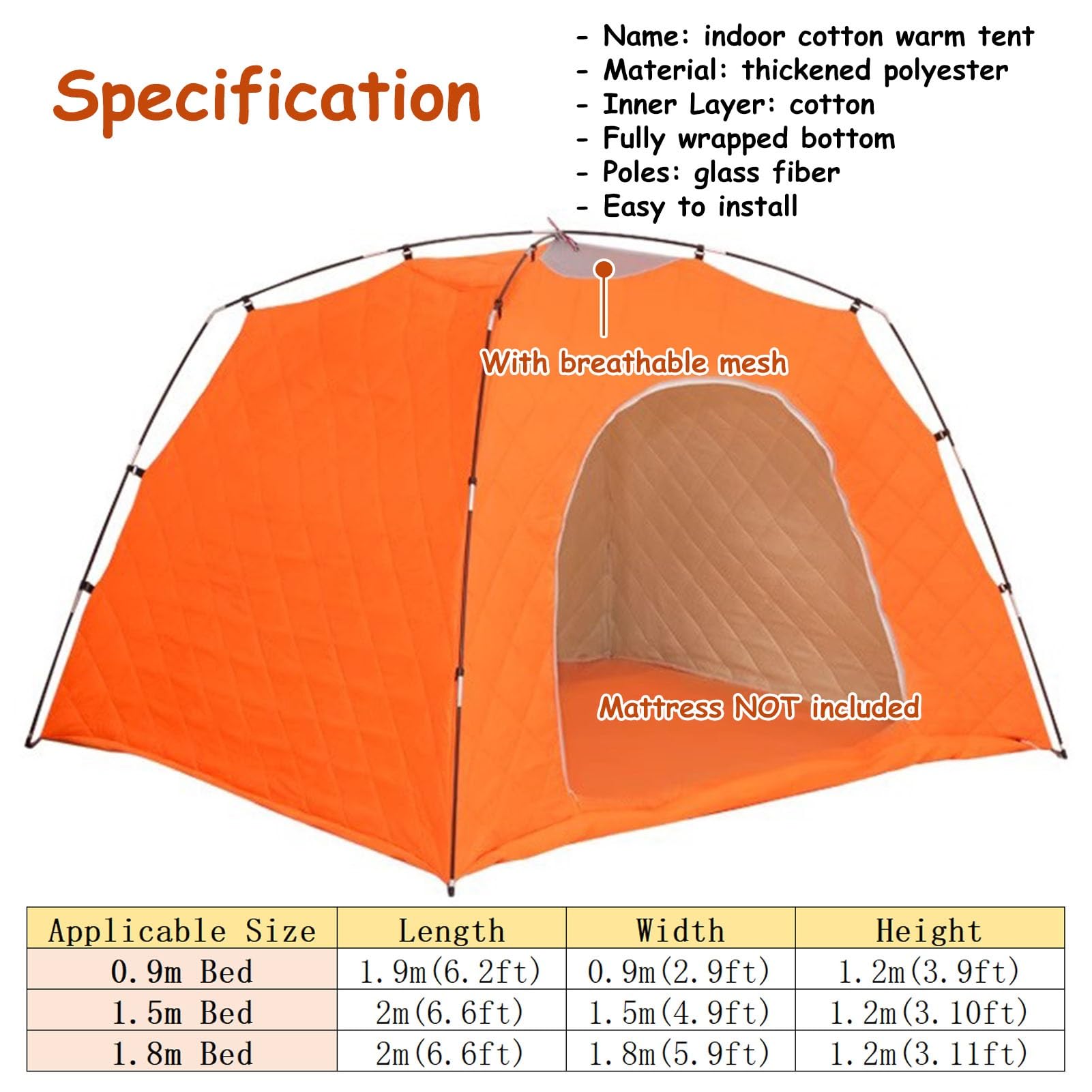 Tienda de Campaña Tienda Doble Individual para Cama, Malla Transpirable Cama Dosel Tiendas de Campaña, Tienda de Dormir Interior para Niños Adultos, Cama Ligera Cueva Espacio Privado, Fácil Montaje(Or