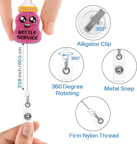 Miniatura 3 de YAZMEEN Carrete retráctil con clip de cocodrilo, soporte de insignia con purpurina rosa para tarjeta de identificación, enfermera de la UCIN, OB RN,