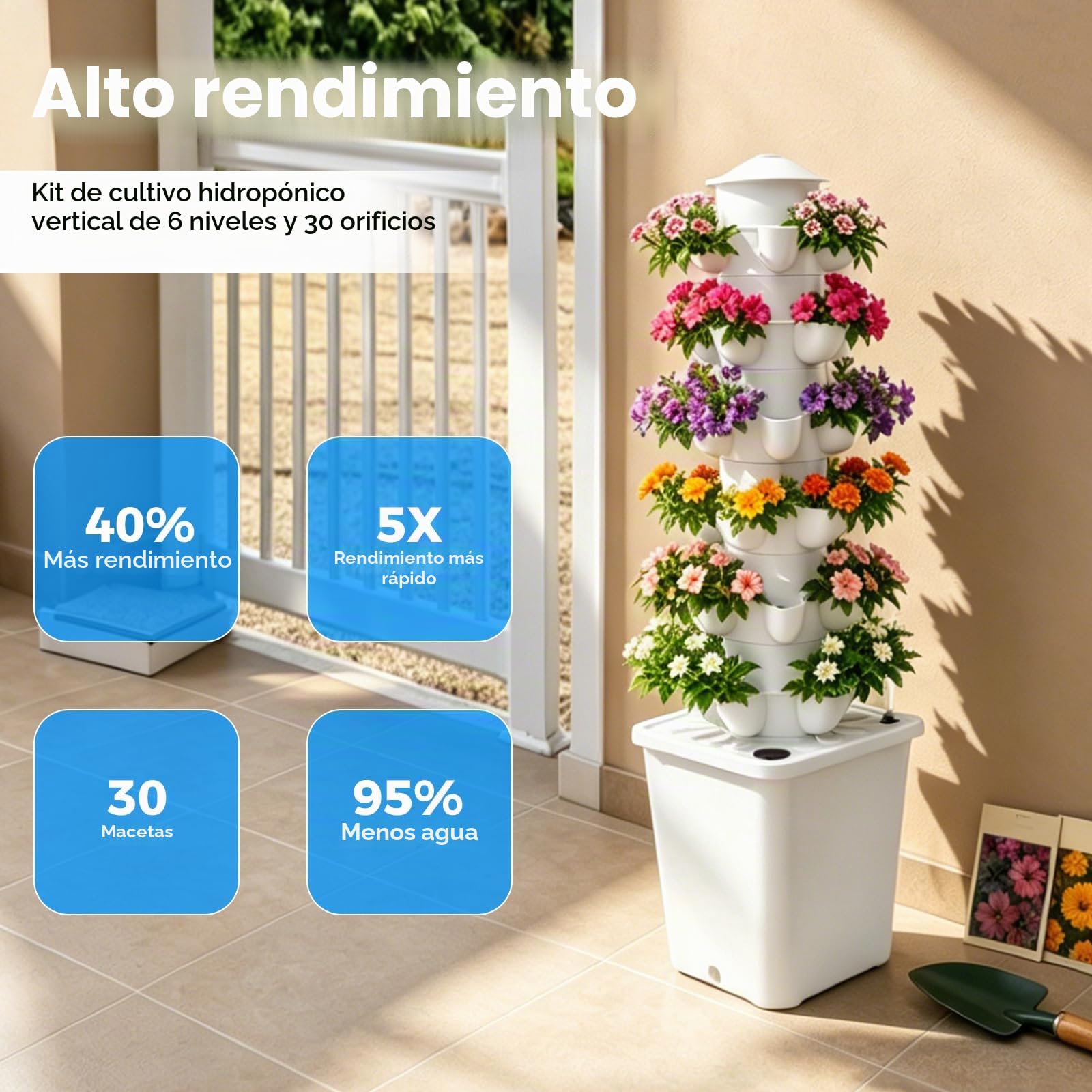 Kit de Cultivo Hidropónico Vertical con 6 Niveles, 30 Agujeros para Plantar con Depósito de Agua de 40L, Sistema de Germinación para Balcones, Verduras