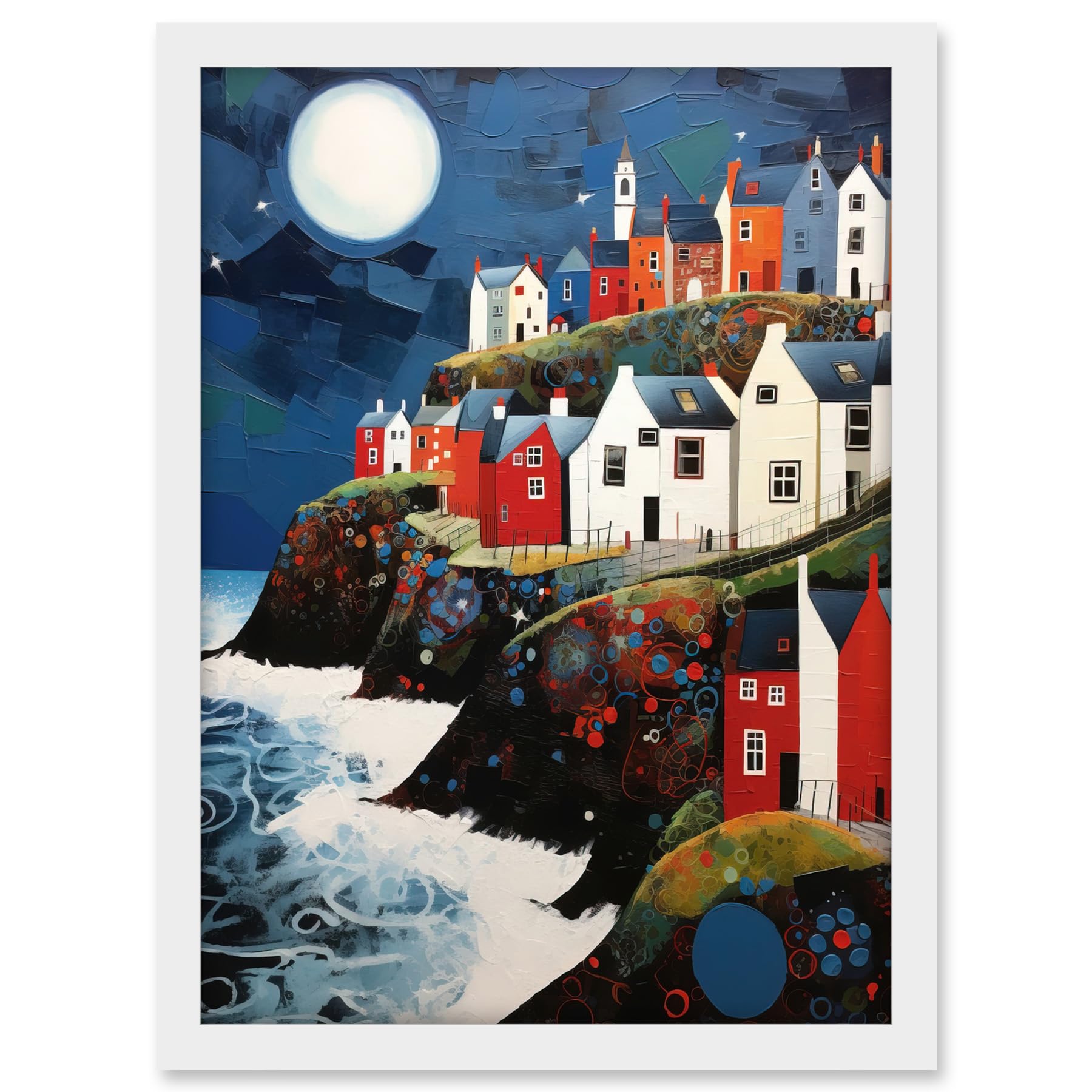 Artery8 Seaside Village Houses on Cliff Folk Art Oil Painting Bathroom Artwork Full Moon Night Waves Coastal Landscape Artwork Framed A3 Wall Art Print
