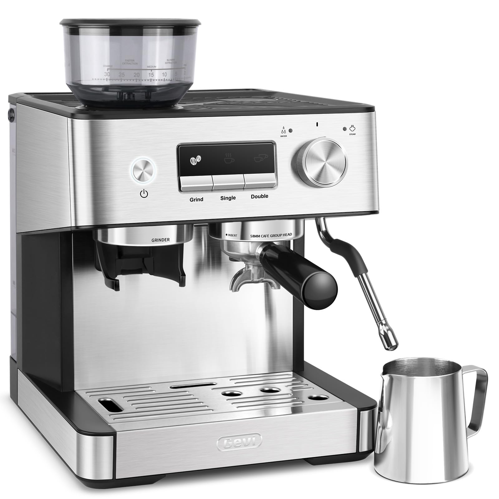 Gevi Espressomaschine 20 Bar mit integriertem Kegelmahlwerk und Milchschaumdüse, kompakte Kaffeemaschine für Hausgebrauch mit abnehmbarem Wassertank, für Cappuccino, Latte, Espresso und Americano