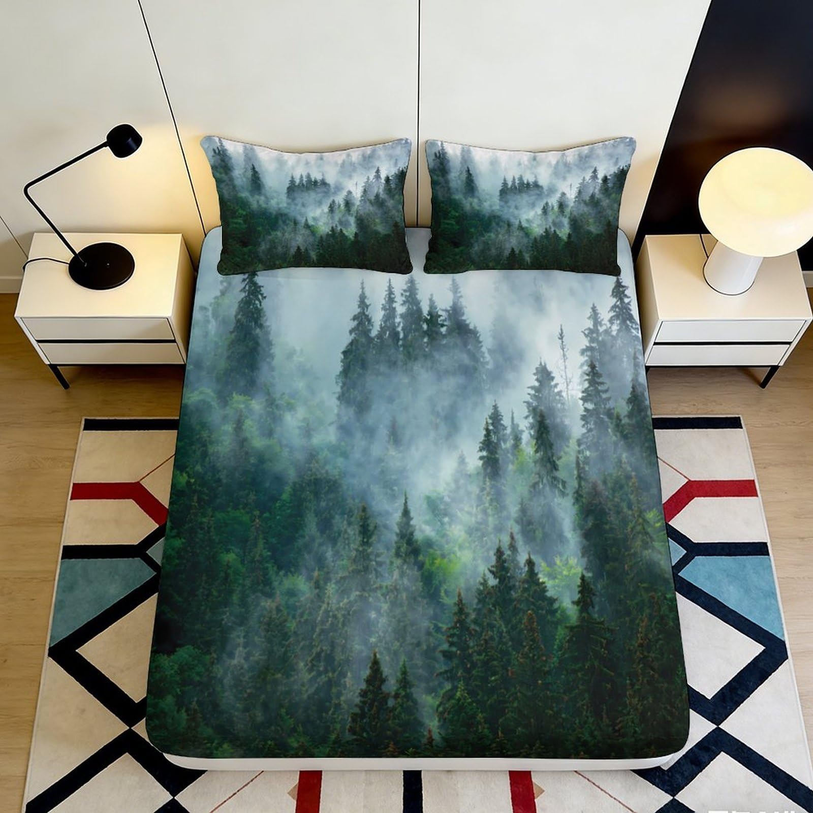 3D Printed Misty Forest Fitted Sheet Microfiber Soft Green Pine Trees Bed Cover for Bedroom Guest Room Mattress Protection Decor 90x200x25cm