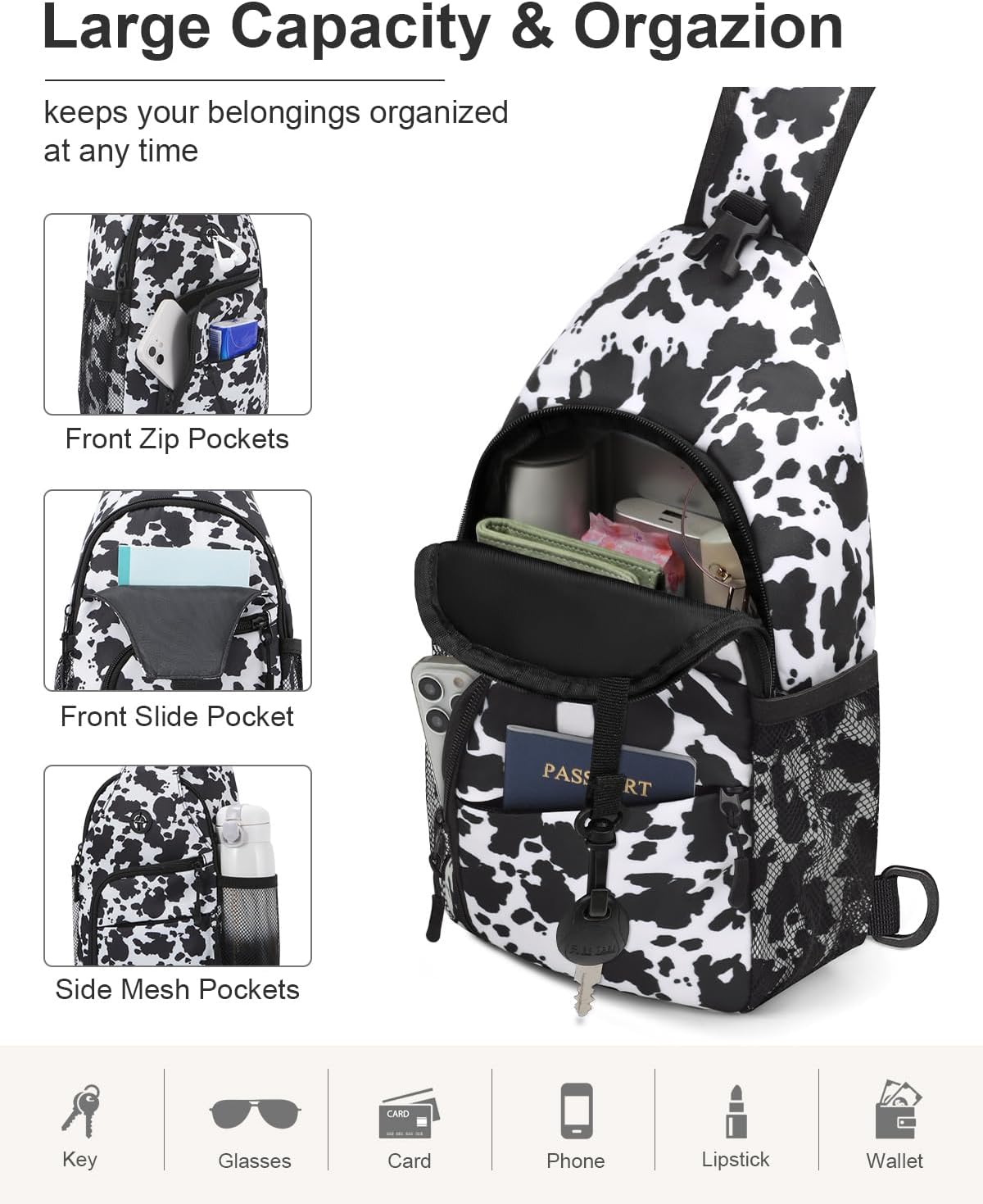 Crossbody Bags for Women Man Waterproof Sling Bag Backpack Trendy Casual Cross Body Bag with Convertible Shoulder Strap Chest Bag for Camping Hiking Travel Essentials (Cow print, Medium ) - Image 3