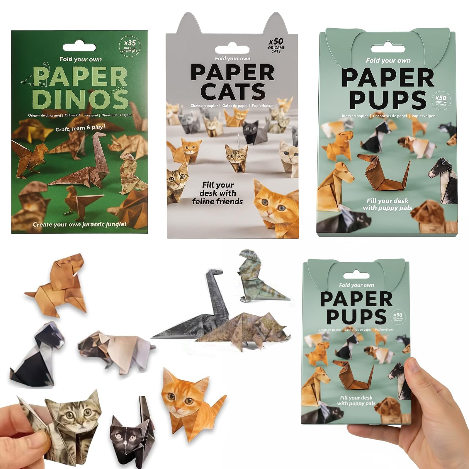 Paper Cats, Craft Paper, 135 PCS Origami Kit, Origami Set Include Cat Dog Dinosaur Origami, Foldable Animal Figures for Pet Lovers