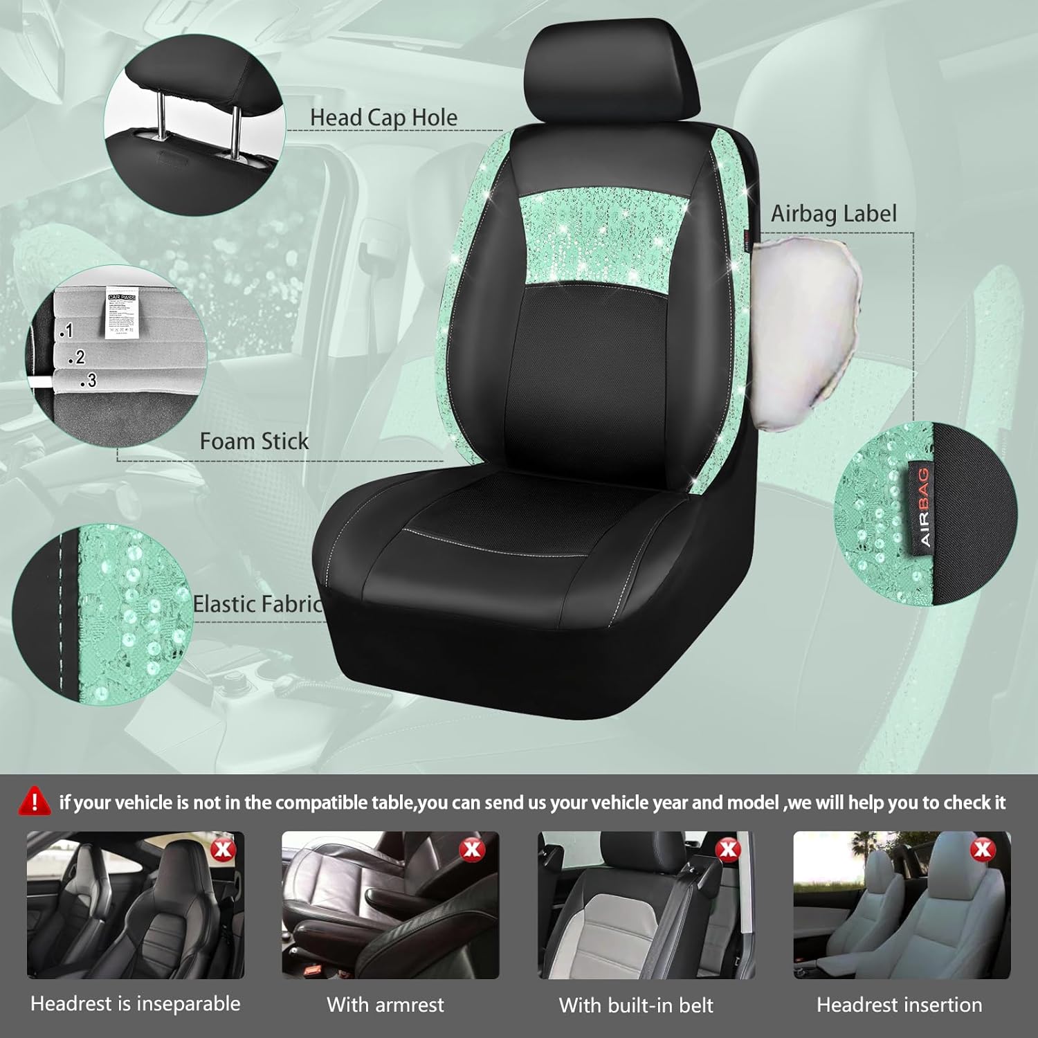 CAR PASS Universal Mint Leather Lace Car Seat Covers Full Set for Women Girls, Waterproof Car Floor Mats Carpet, Glitter Steering Wheel Cover for Car Accessories Interior Sets,10PCS Included - Image 5