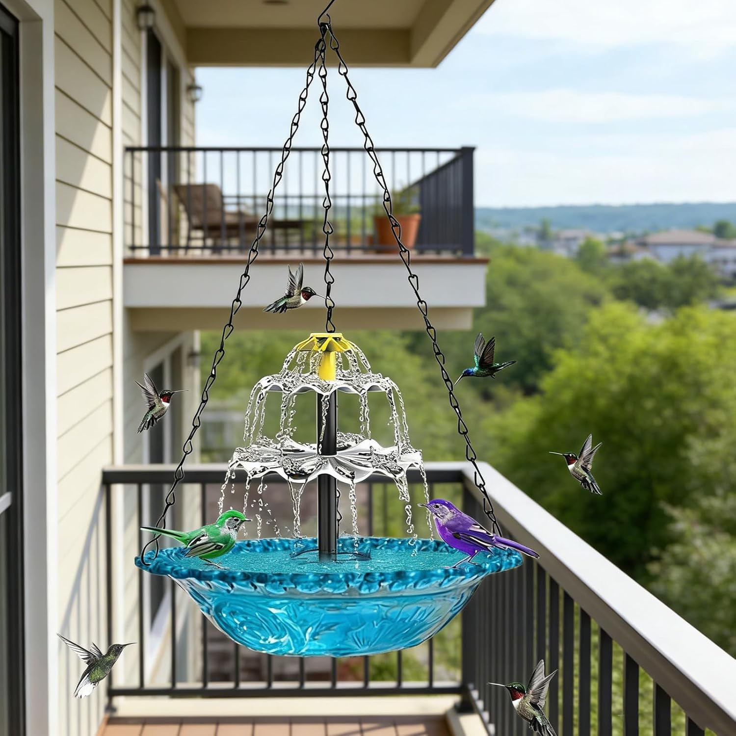 Solar Cascade Hanging Bird Bath Fountain, Hanging Bird Bath with Solar Fountain & Glass Bowl, Birdbath Attracts Hummingbirds & Garden Birds for Outdoors Garden Patio Backyard Lawn Decor (Blue)