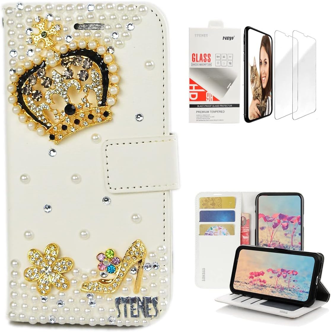 STENES Bling Wallet Phone Case Compatible with LG Stylo 6 - Stylish - 3D Handmade Crown Girls High Heel Flowers Leather Cover with Screen Protector [2 Pack] - Gold