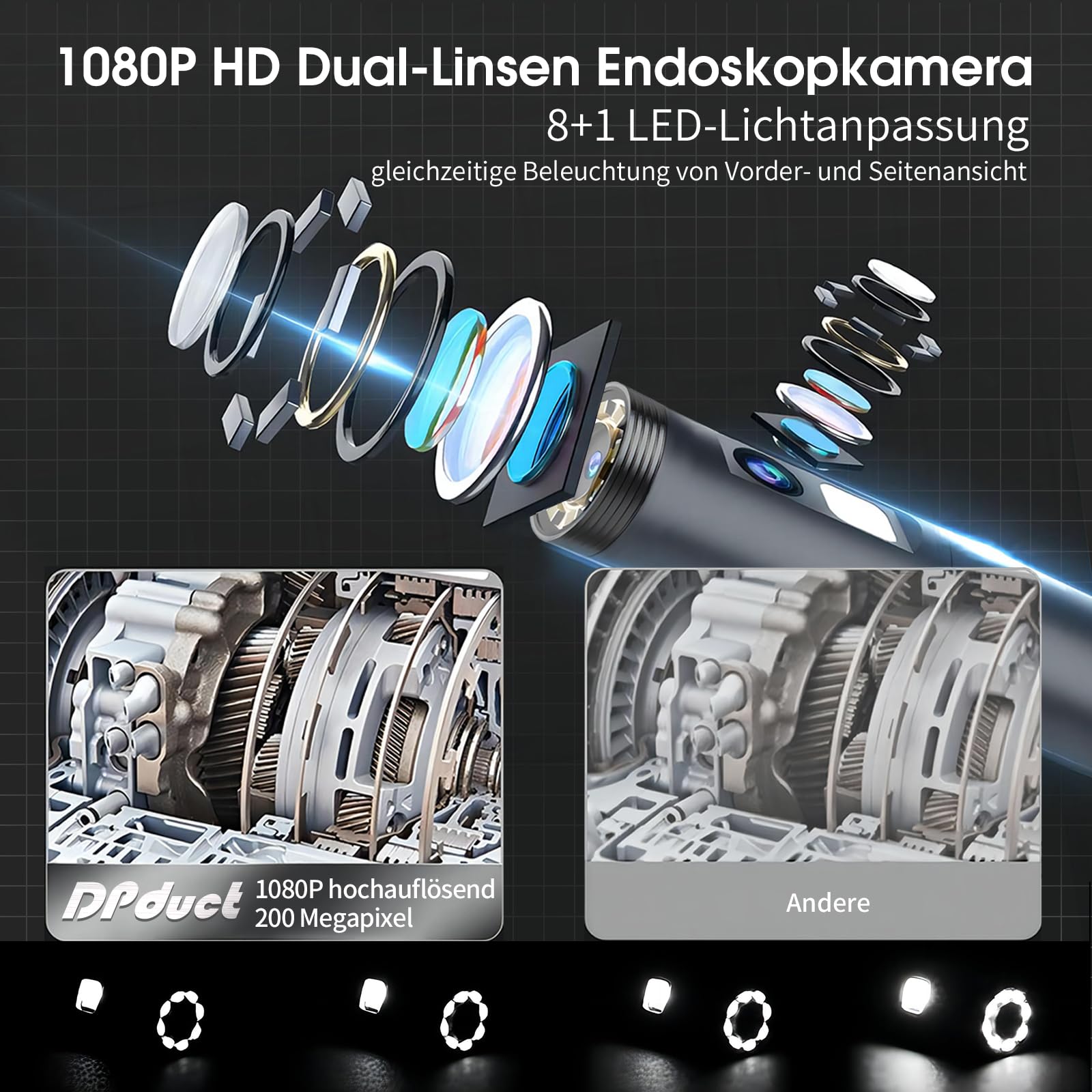 Telecamera per Ispezione,DPduct Endoscopio Industriale a Doppia Lente da 7,9 mm con 8+1 LED,IPS da 5,0",HD 1920p,Telecamera Impermeabile IP67,Cavo Semirigido Serpente da 10 m,Scheda da 32 GB,Arancione
