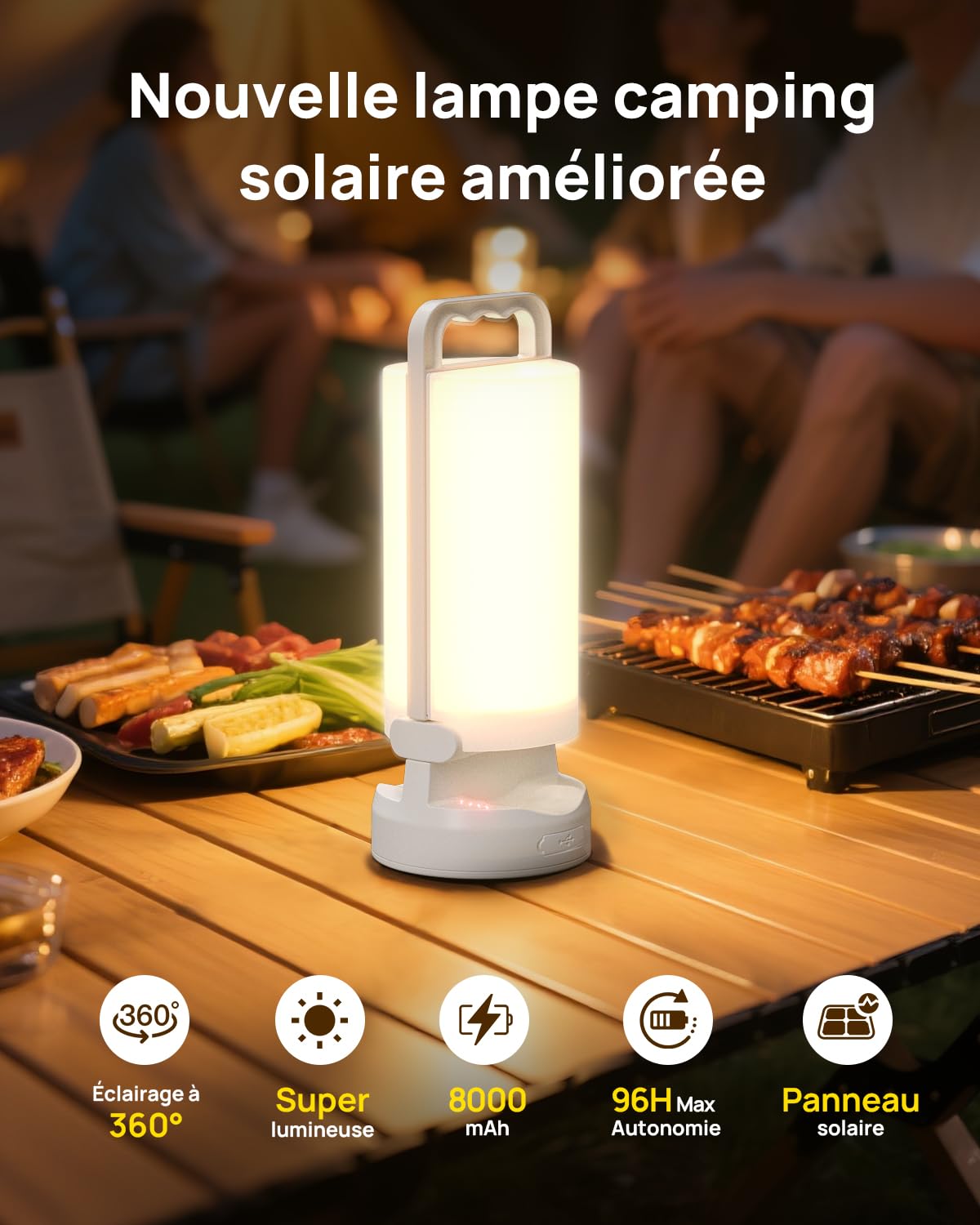 Eventek Lampe Camping Solaire 8000mAh, Lampe de Camping LED Pliable Ultra-lumineuse avec 3 Modes & Commande Tactile, IPX5 Lanterne Camping Rechargeable pour Tentes, Pannes Courant, Randonnée, Urgences