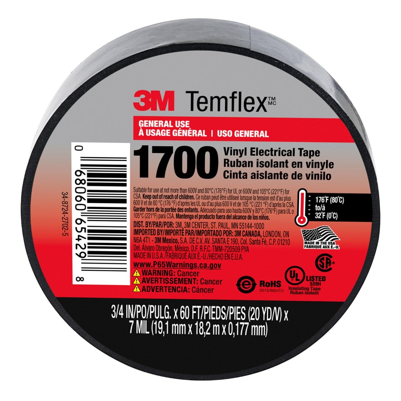 3M Temflex 1700 Vinyl Electrical Tape, 3/4 inch x 60 feet, Black – General Purpose Insulating Tape for Wire Harnessing, Splicing, and Protective Jacketing