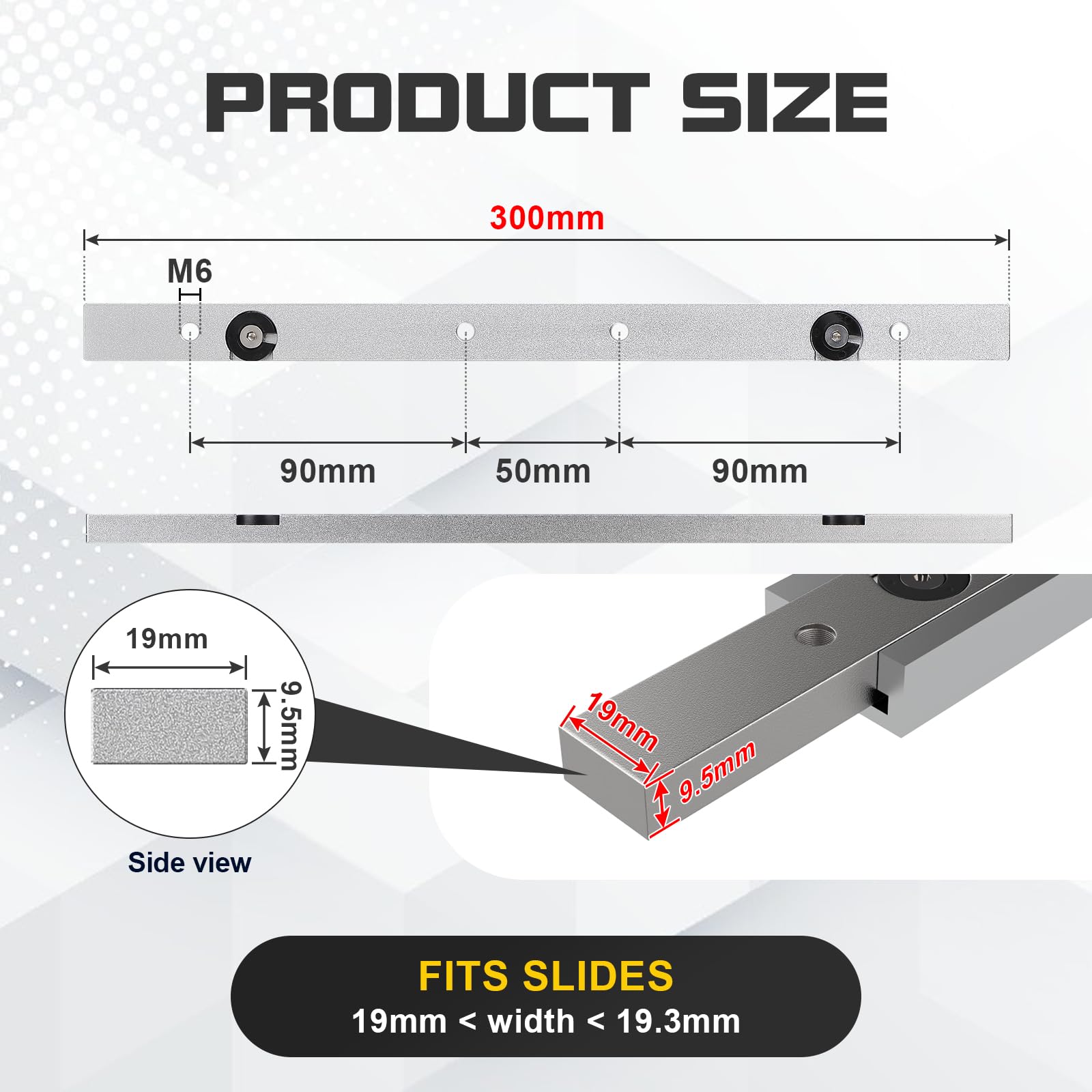 EFUTURETIME 2 x Barra de Inglete de Aleación de Aluminio, 9,5 X 19 X 300 mm, Barra de Ranura en T, Guía de Inglete de Aluminio para Sierras de Mesa, Taladros de Mesa, Sierras de Cinta, Carpintería