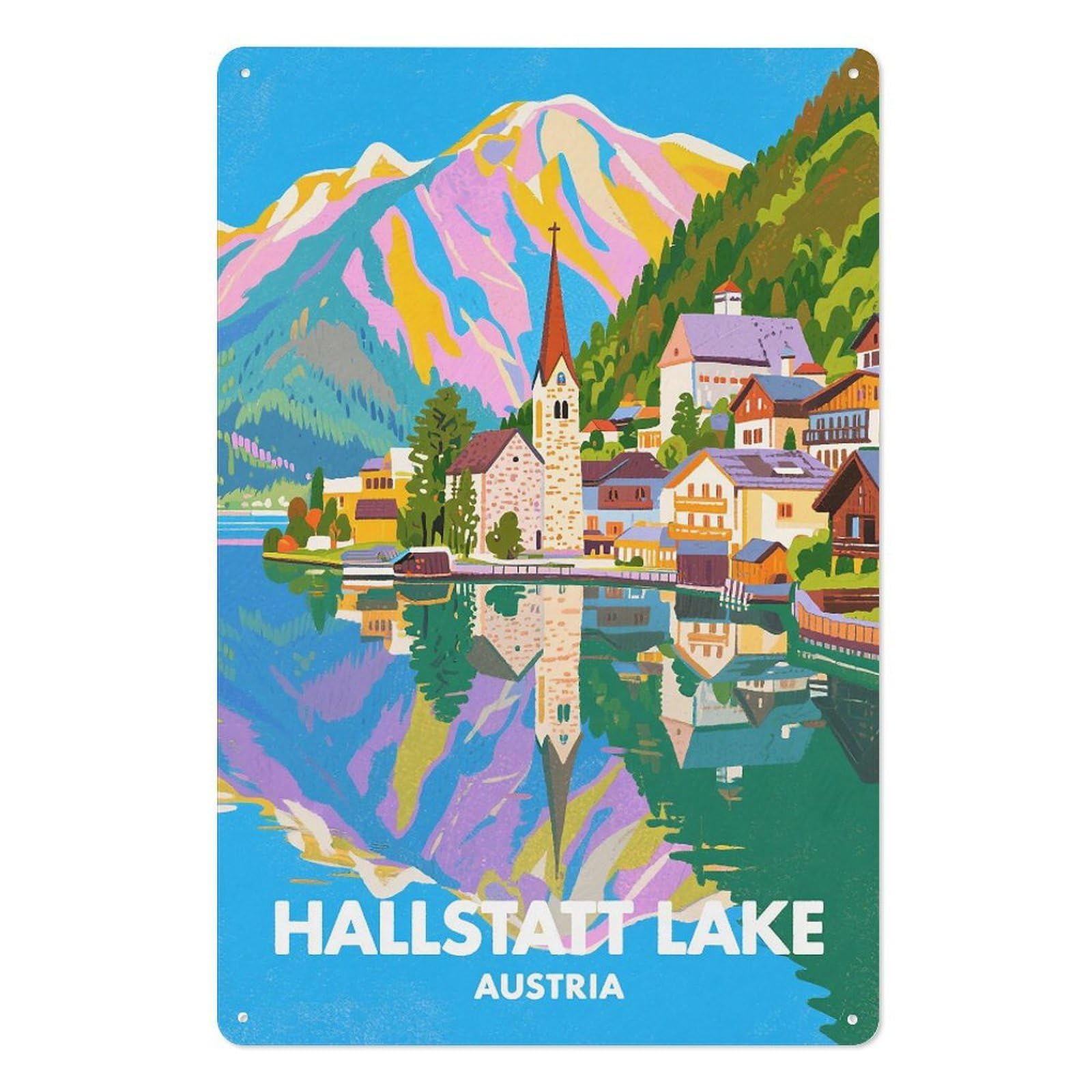 Hallstatt Lake Austria Retro Design Tin Paintings Vintage Tin Sign 08x12inch(20x30cm) Wall Art for Home Office Bedroom Living Room Cafes Wall Decor